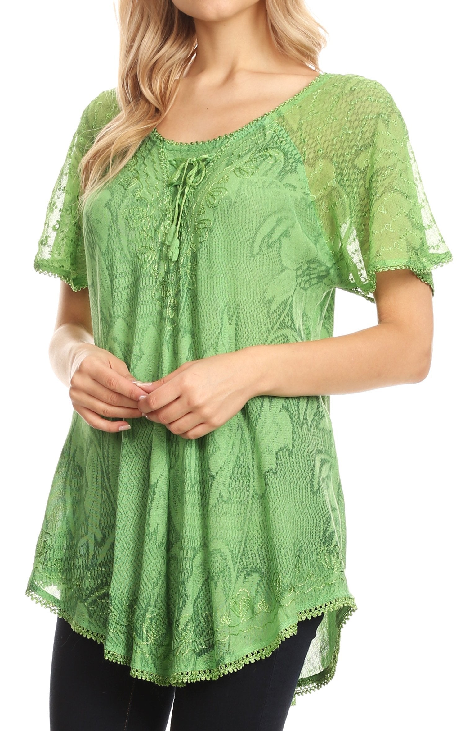 Sakkas Maliky Wide Corset Neck Floral Embroidered Cap Sleeve Blouse Top Shirt - Concordia Style Boutique