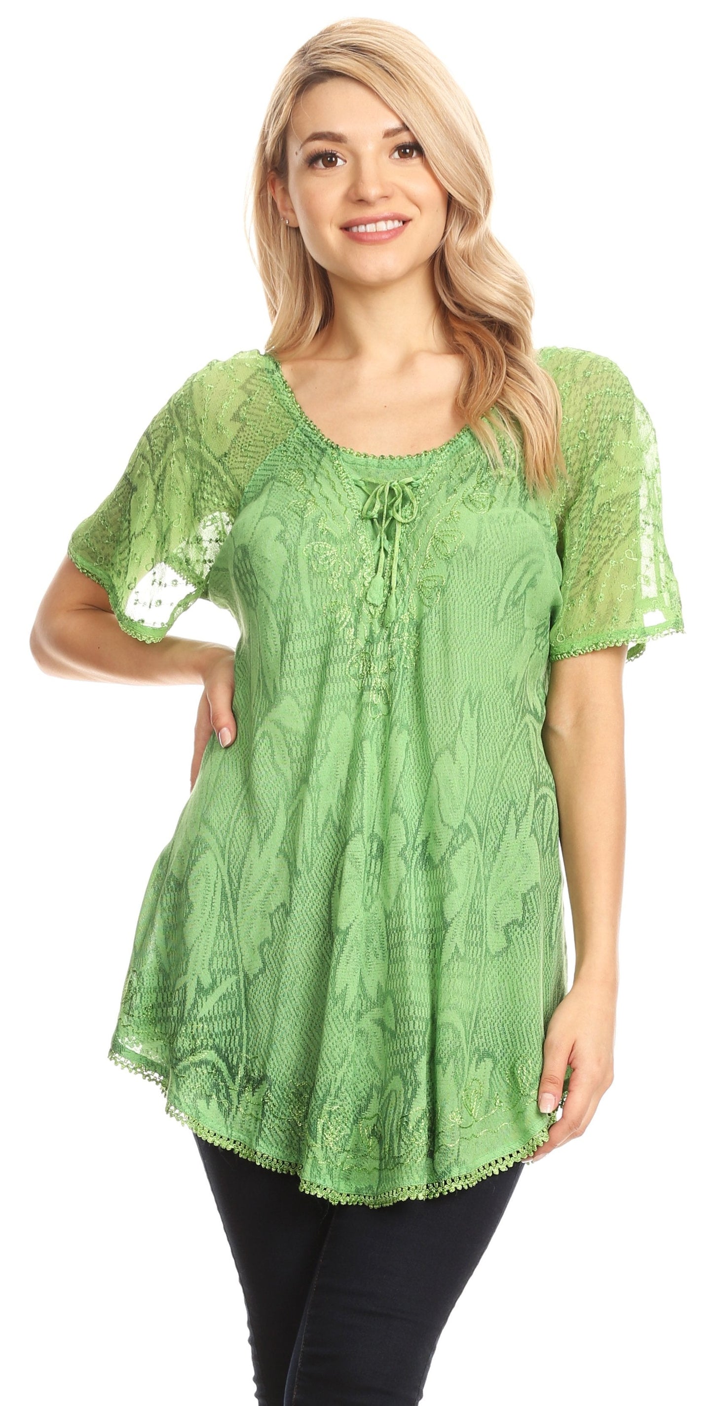 Sakkas Maliky Wide Corset Neck Floral Embroidered Cap Sleeve Blouse Top Shirt - Concordia Style Boutique