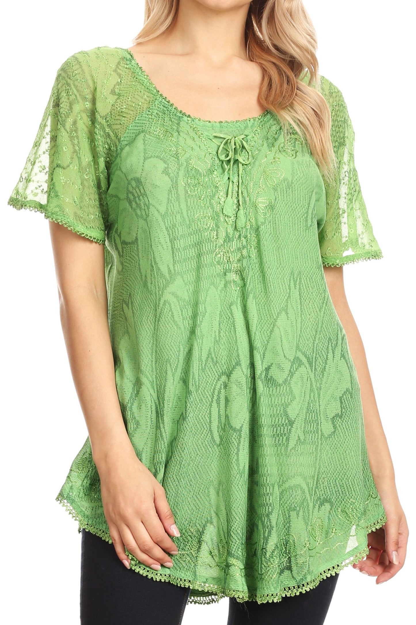 Sakkas Maliky Wide Corset Neck Floral Embroidered Cap Sleeve Blouse Top Shirt - Concordia Style Boutique