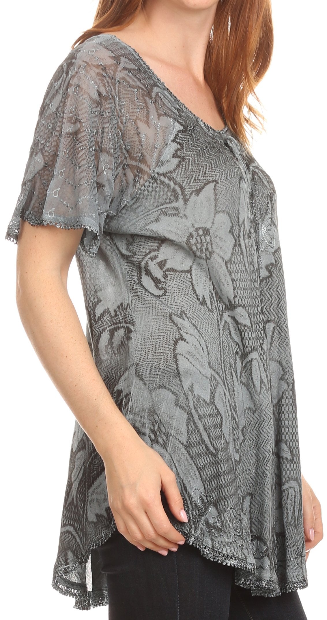 Sakkas Maliky Wide Corset Neck Floral Embroidered Cap Sleeve Blouse Top Shirt - Concordia Style Boutique