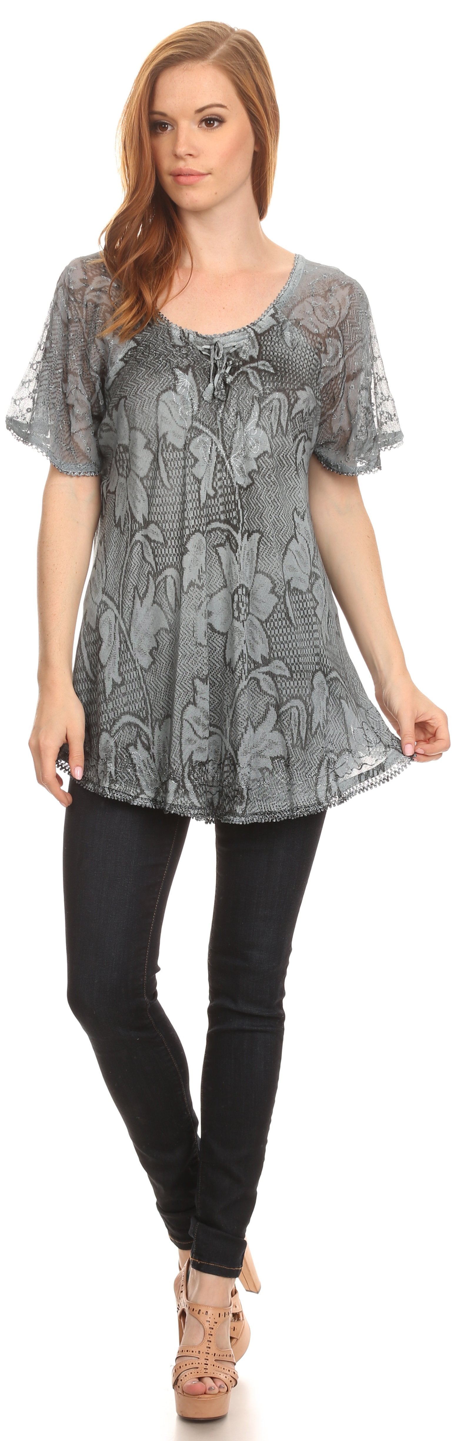 Sakkas Maliky Wide Corset Neck Floral Embroidered Cap Sleeve Blouse Top Shirt - Concordia Style Boutique