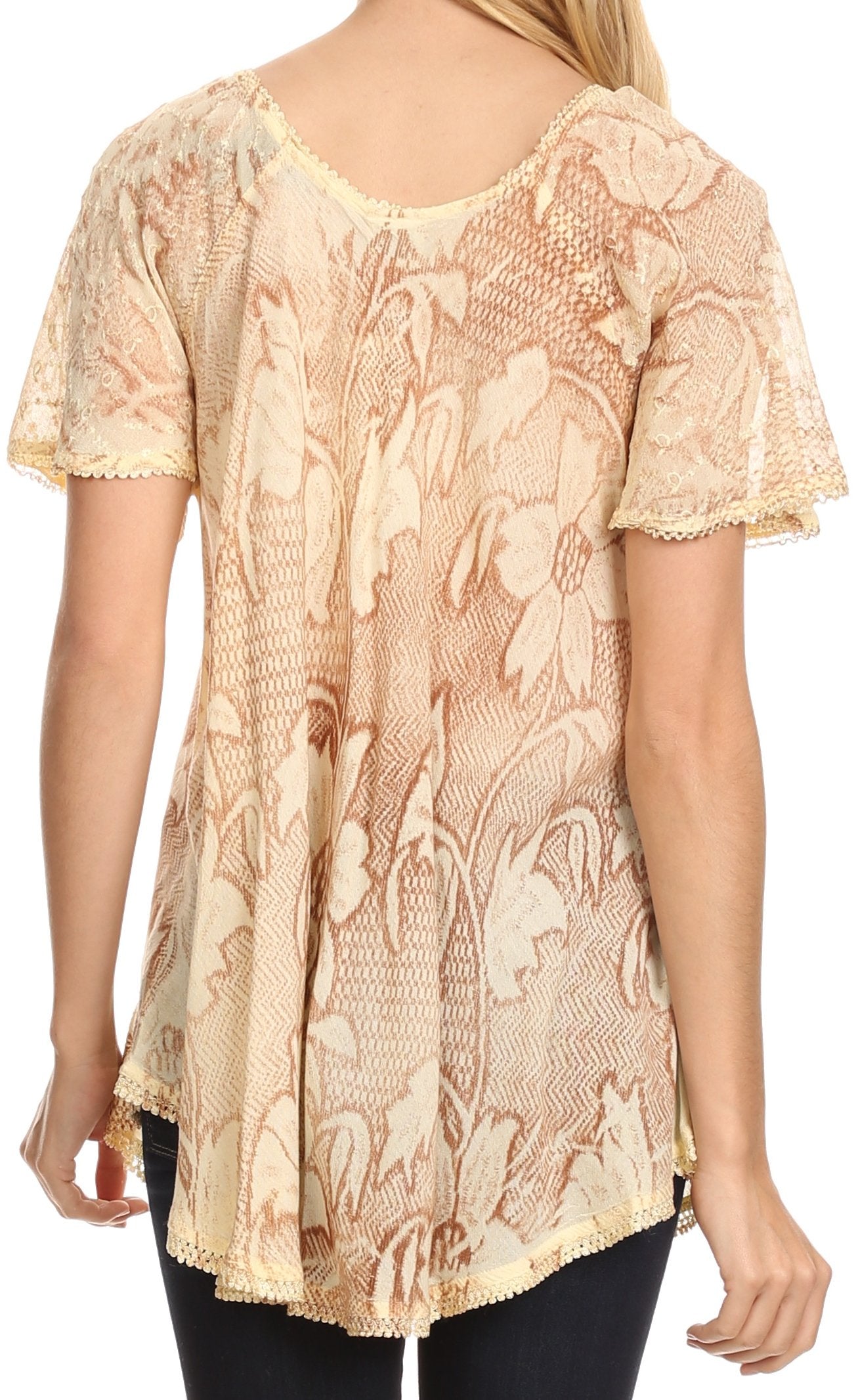 Sakkas Maliky Wide Corset Neck Floral Embroidered Cap Sleeve Blouse Top Shirt - Concordia Style Boutique