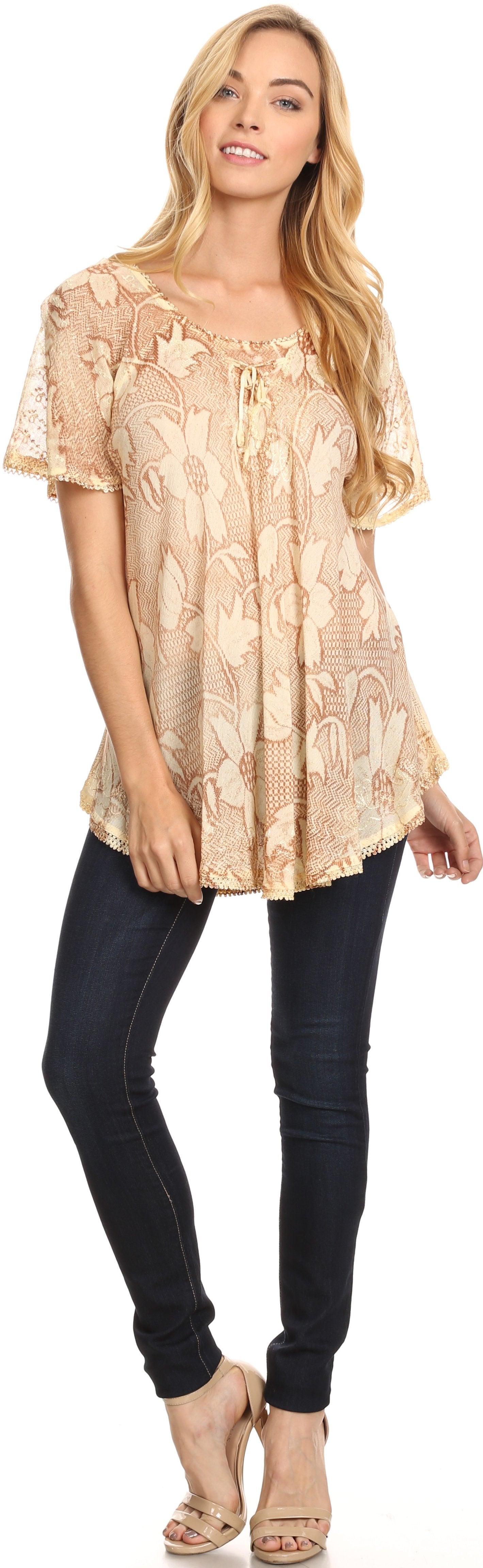 Sakkas Maliky Wide Corset Neck Floral Embroidered Cap Sleeve Blouse Top Shirt - Concordia Style Boutique