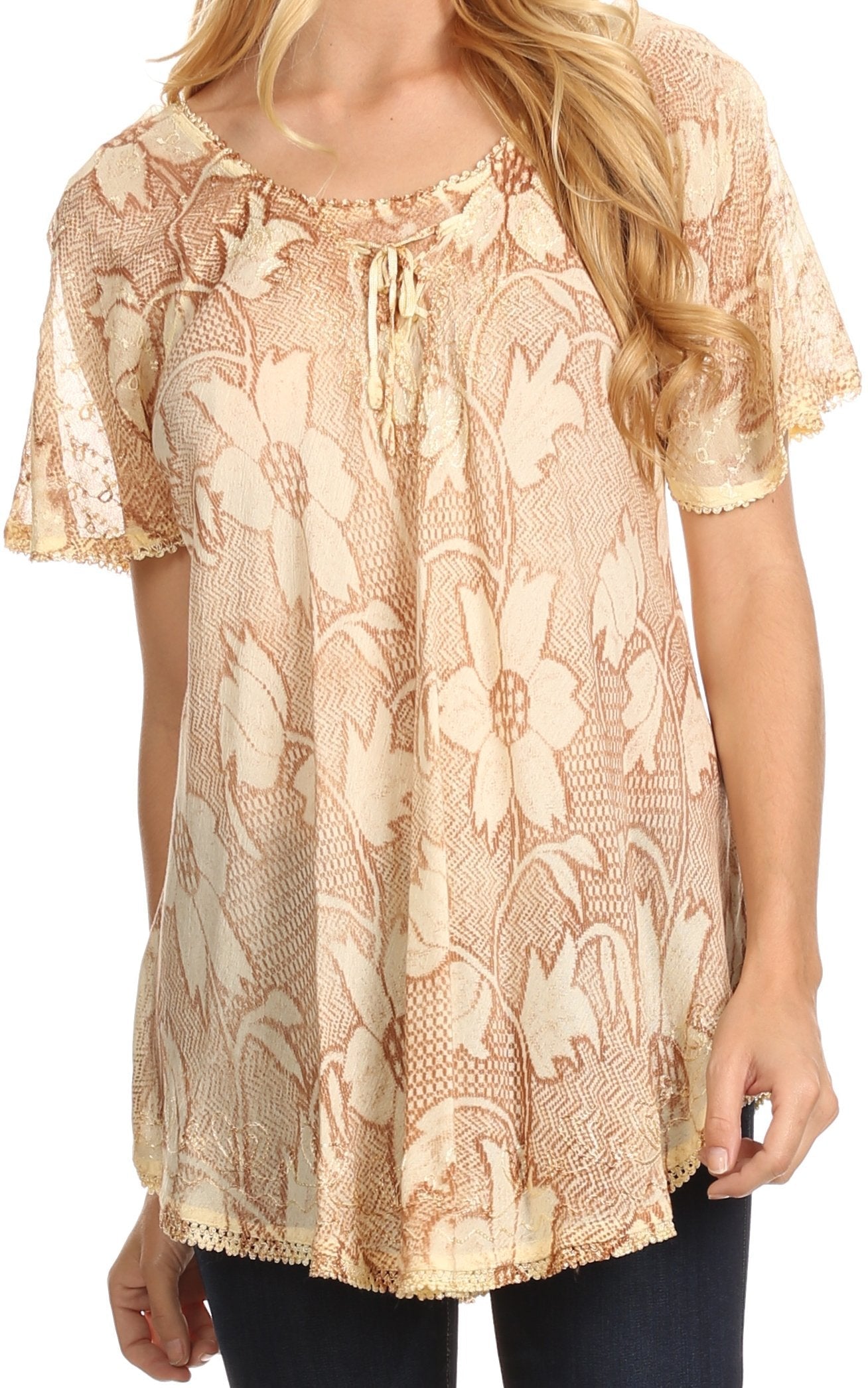 Sakkas Maliky Wide Corset Neck Floral Embroidered Cap Sleeve Blouse Top Shirt - Concordia Style Boutique