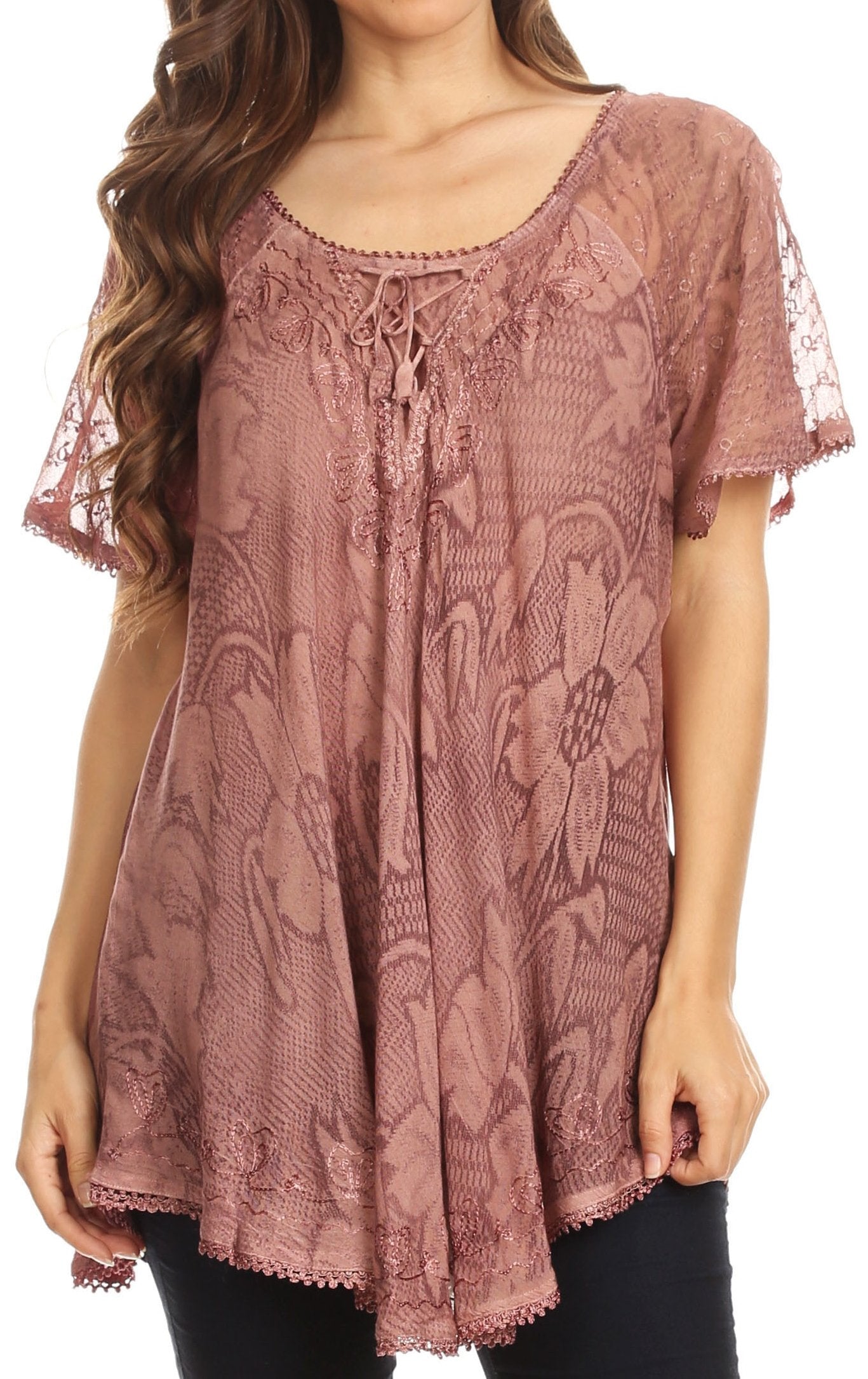 Sakkas Maliky Wide Corset Neck Floral Embroidered Cap Sleeve Blouse Top Shirt - Concordia Style Boutique