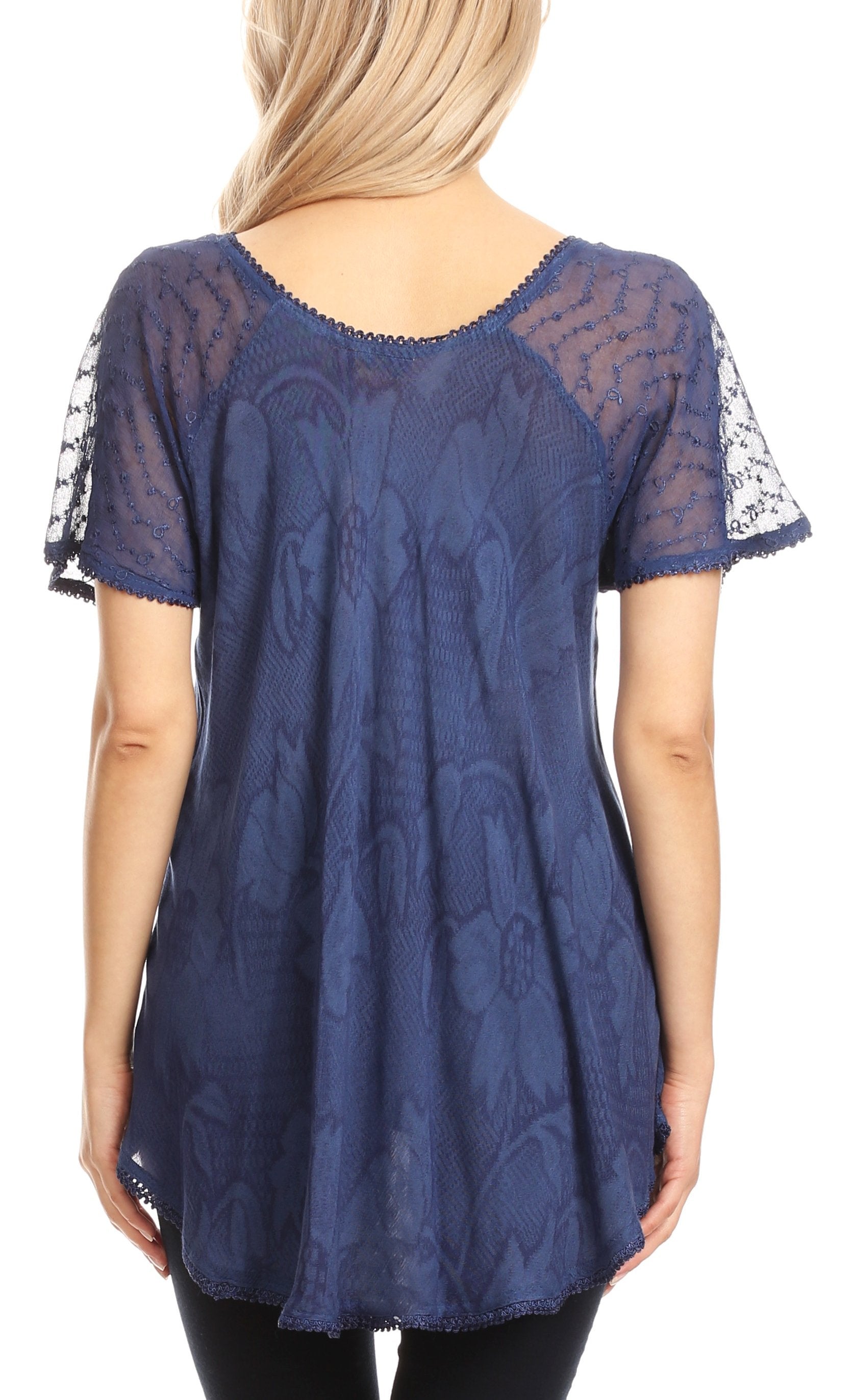 Sakkas Maliky Wide Corset Neck Floral Embroidered Cap Sleeve Blouse Top Shirt - Concordia Style Boutique