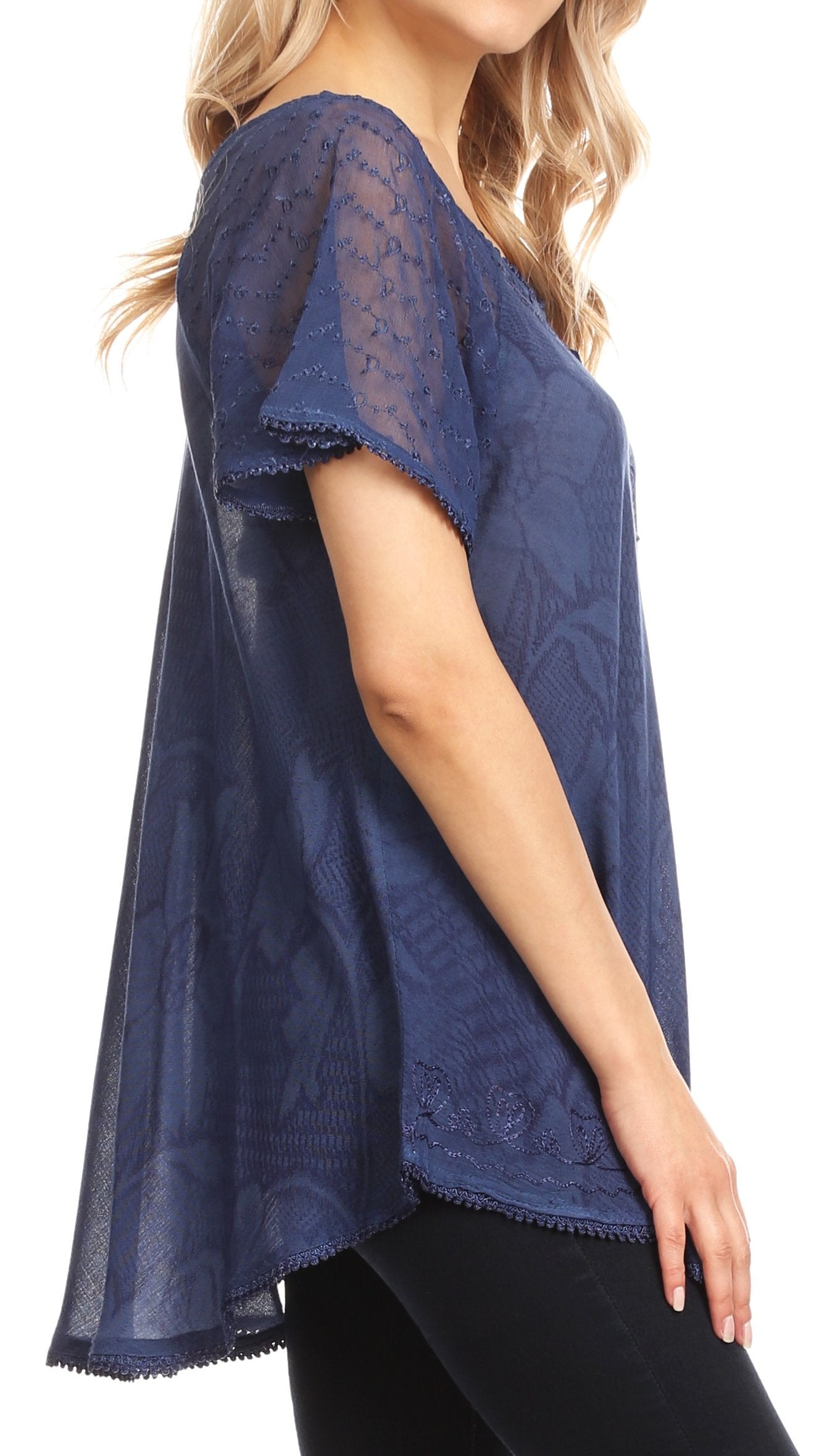 Sakkas Maliky Wide Corset Neck Floral Embroidered Cap Sleeve Blouse Top Shirt - Concordia Style Boutique
