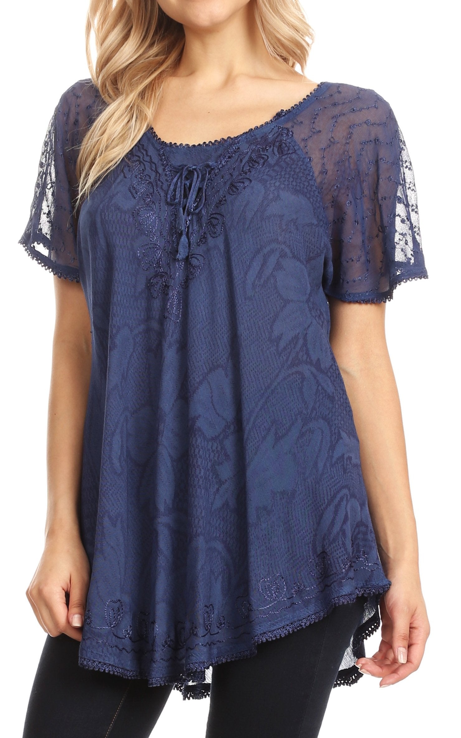 Sakkas Maliky Wide Corset Neck Floral Embroidered Cap Sleeve Blouse Top Shirt - Concordia Style Boutique