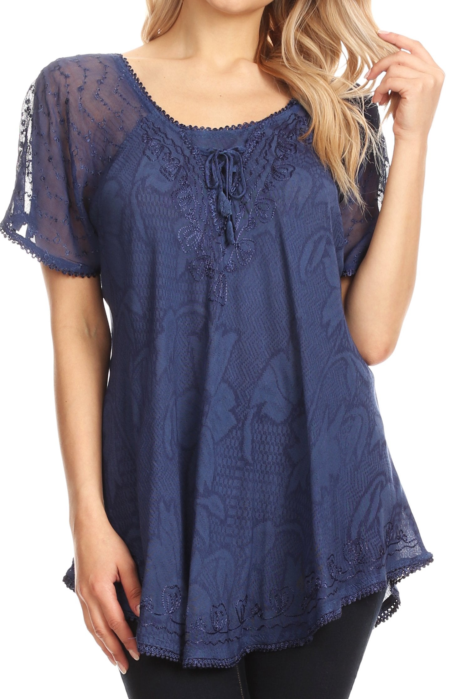Sakkas Maliky Wide Corset Neck Floral Embroidered Cap Sleeve Blouse Top Shirt - Concordia Style Boutique