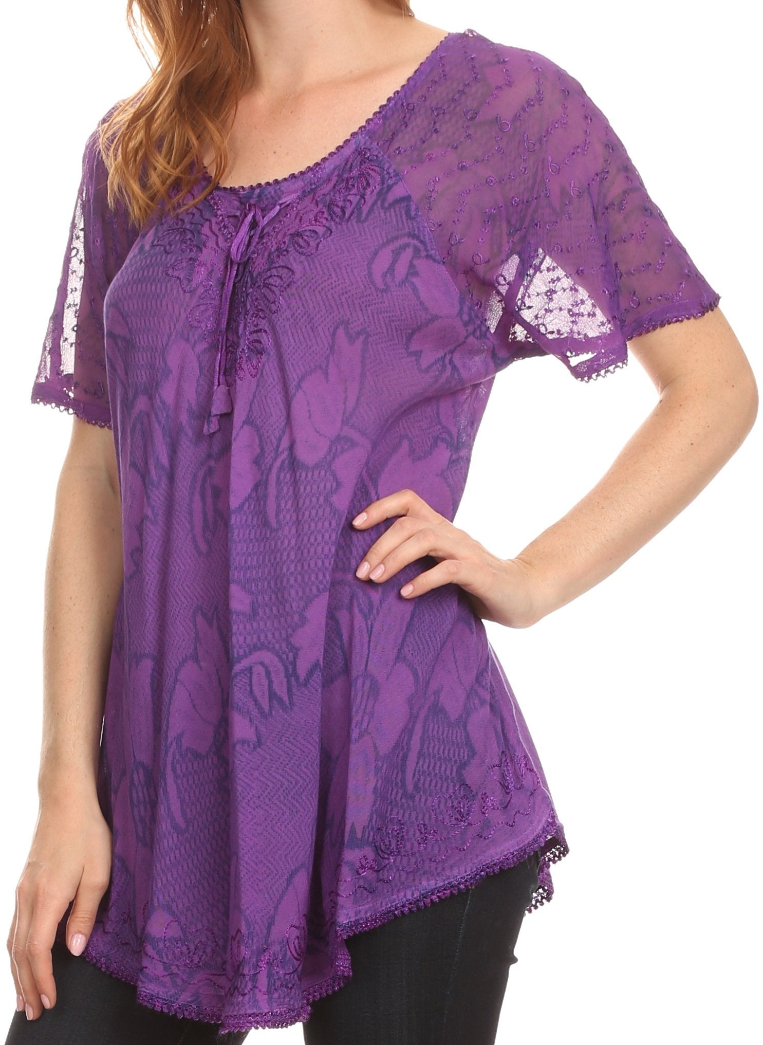 Sakkas Maliky Wide Corset Neck Floral Embroidered Cap Sleeve Blouse Top Shirt - Concordia Style Boutique