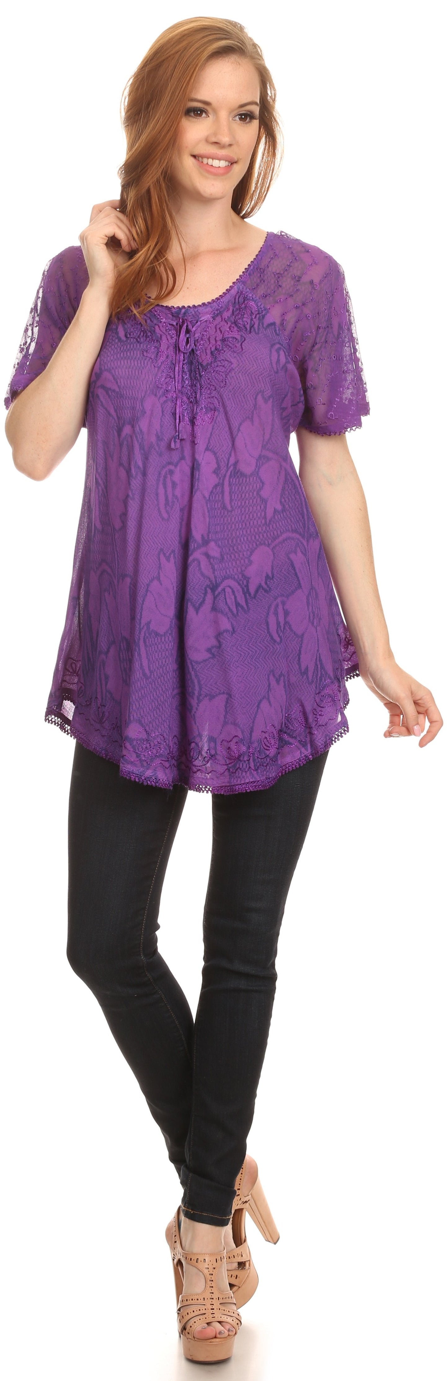 Sakkas Maliky Wide Corset Neck Floral Embroidered Cap Sleeve Blouse Top Shirt - Concordia Style Boutique