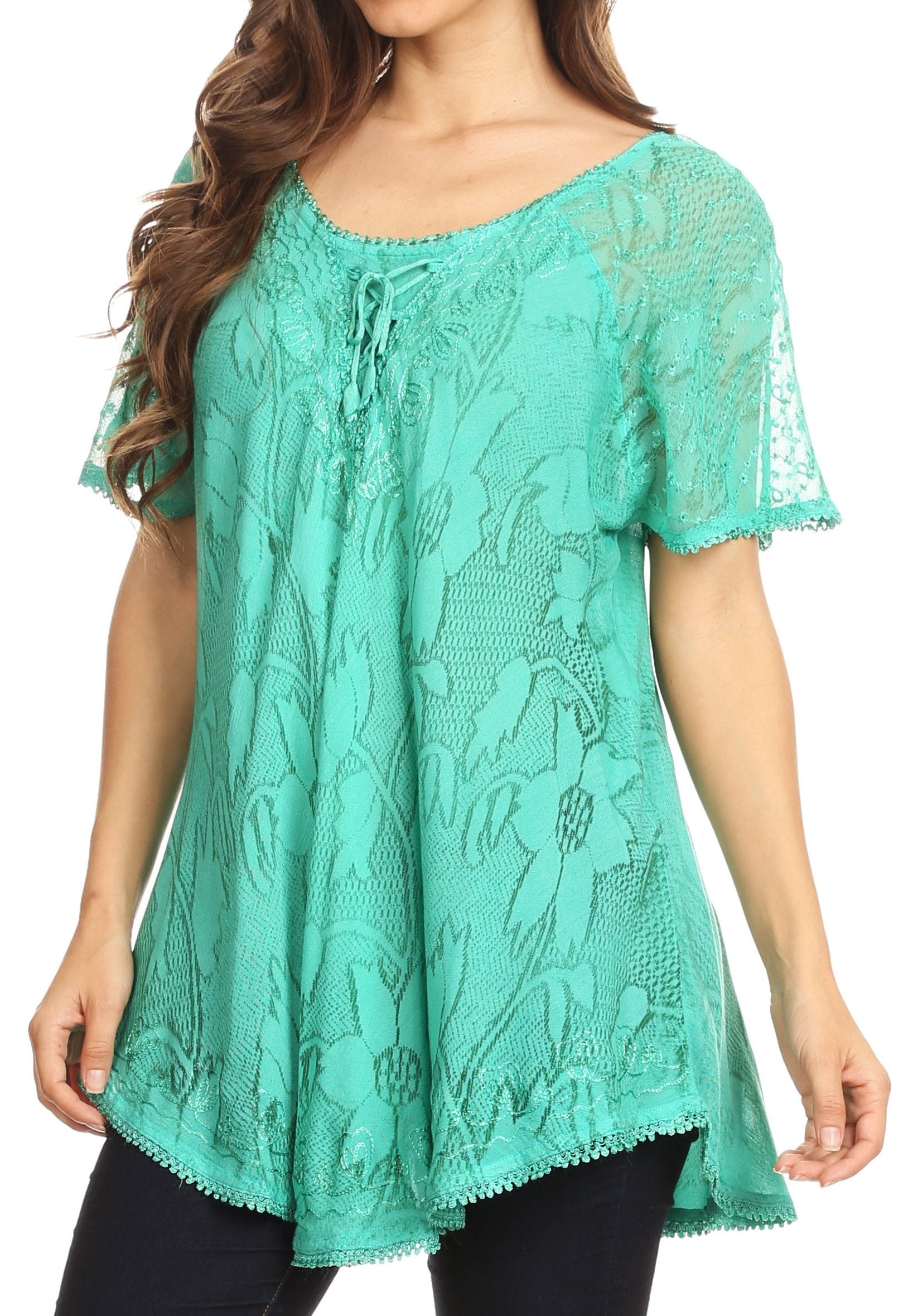 Sakkas Maliky Wide Corset Neck Floral Embroidered Cap Sleeve Blouse Top Shirt - Concordia Style Boutique