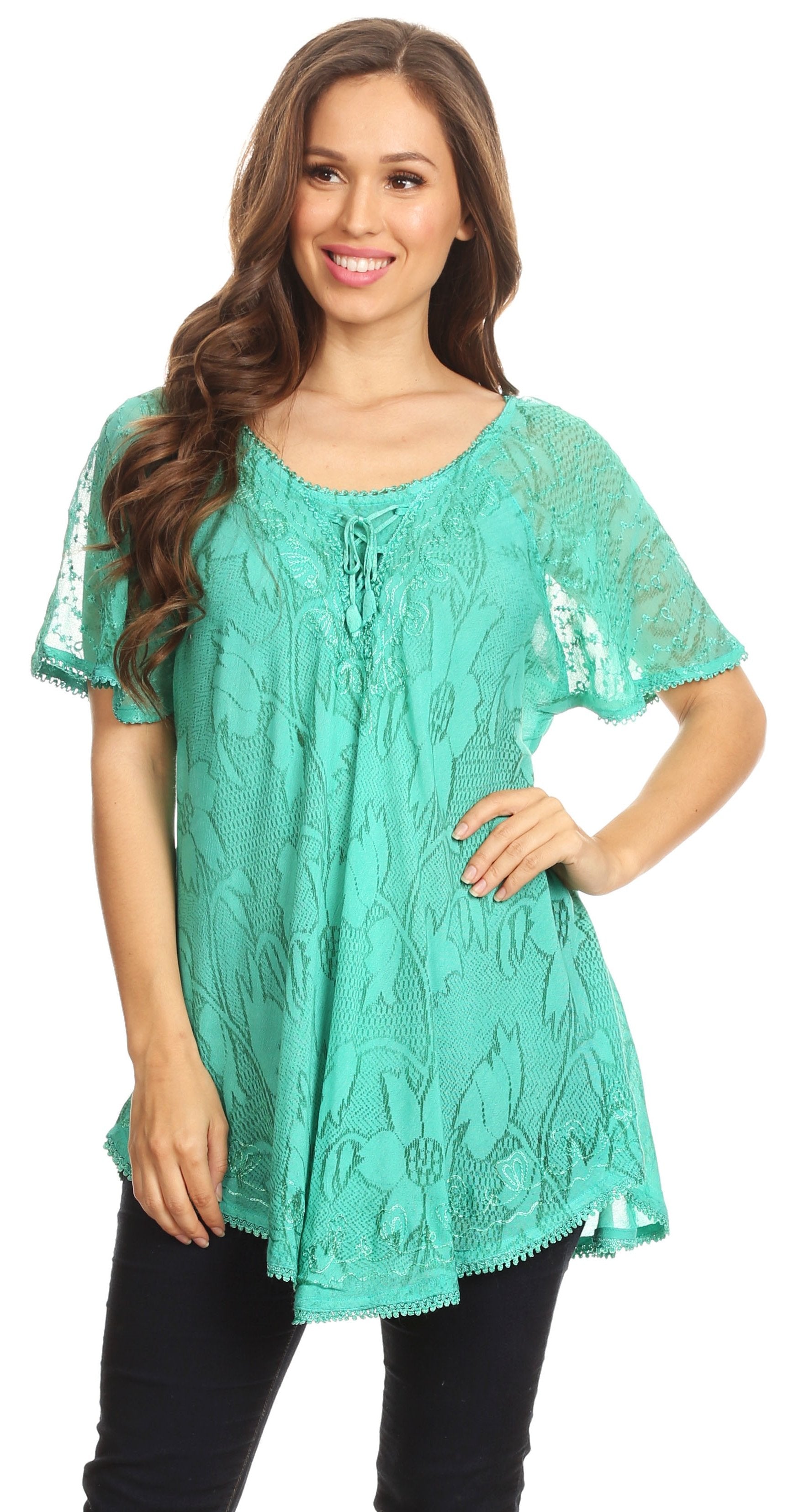 Sakkas Maliky Wide Corset Neck Floral Embroidered Cap Sleeve Blouse Top Shirt - Concordia Style Boutique