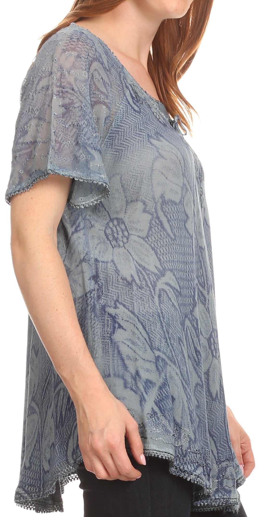 Sakkas Maliky Wide Corset Neck Floral Embroidered Cap Sleeve Blouse Top Shirt - Concordia Style Boutique
