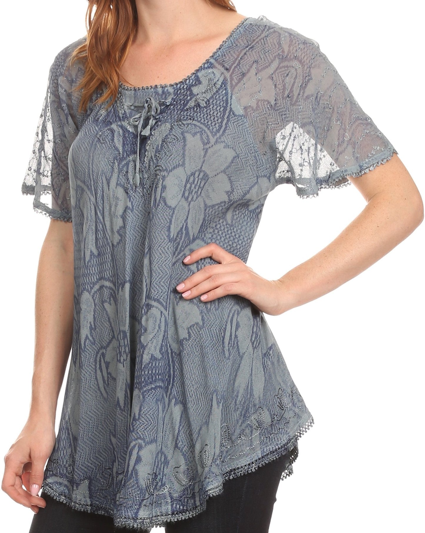 Sakkas Maliky Wide Corset Neck Floral Embroidered Cap Sleeve Blouse Top Shirt - Concordia Style Boutique