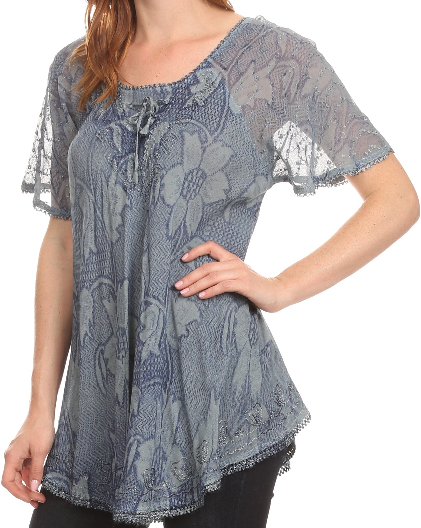 Sakkas Maliky Wide Corset Neck Floral Embroidered Cap Sleeve Blouse Top Shirt - Concordia Style Boutique