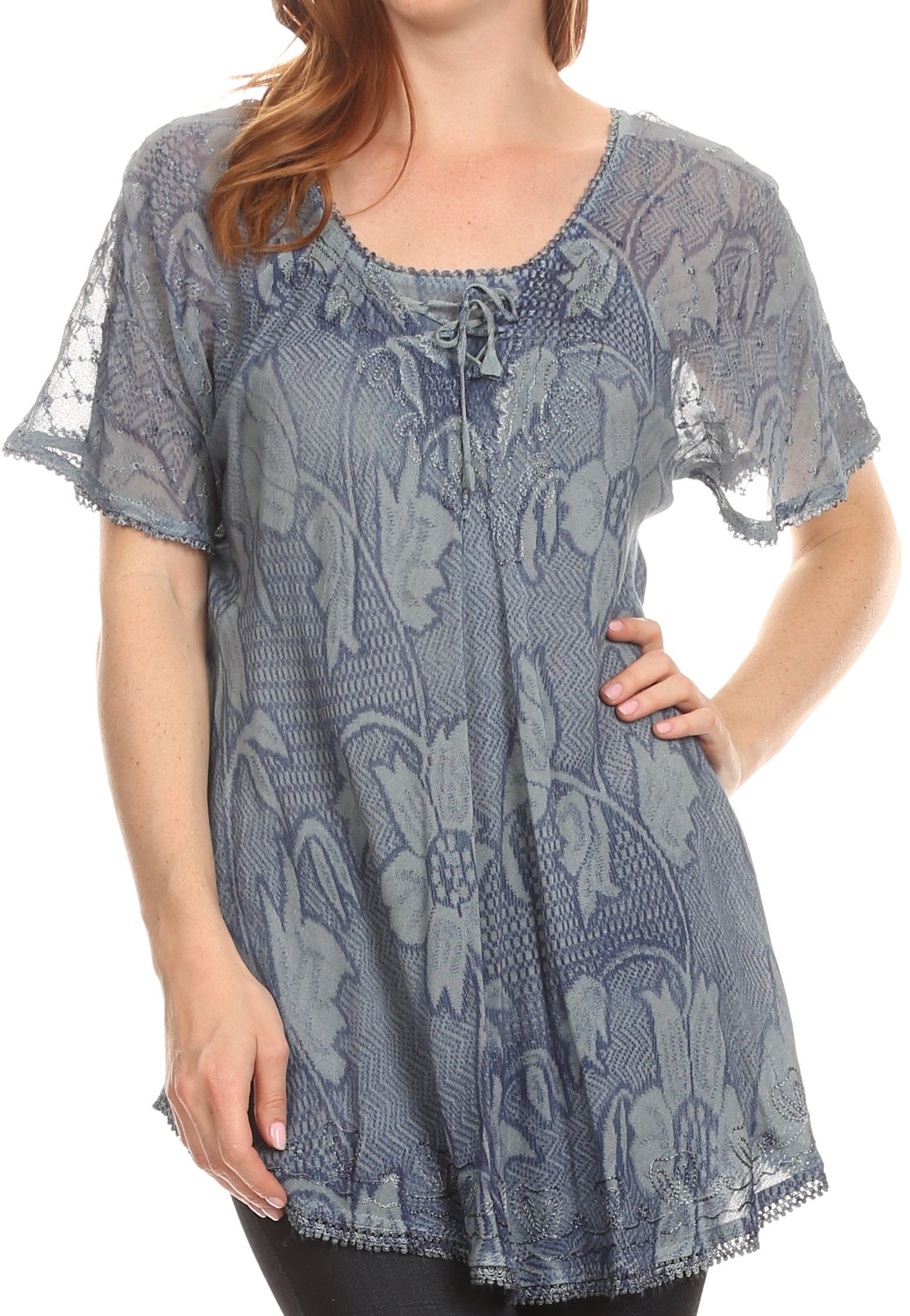 Sakkas Maliky Wide Corset Neck Floral Embroidered Cap Sleeve Blouse Top Shirt - Concordia Style Boutique