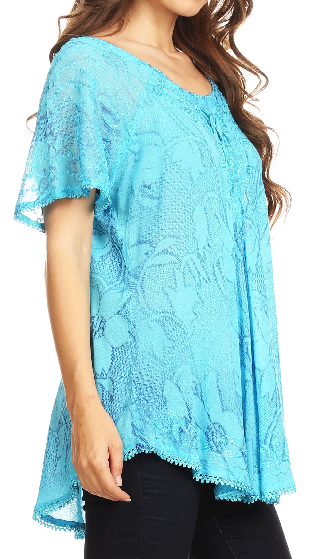 Sakkas Maliky Wide Corset Neck Floral Embroidered Cap Sleeve Blouse Top Shirt - Concordia Style Boutique