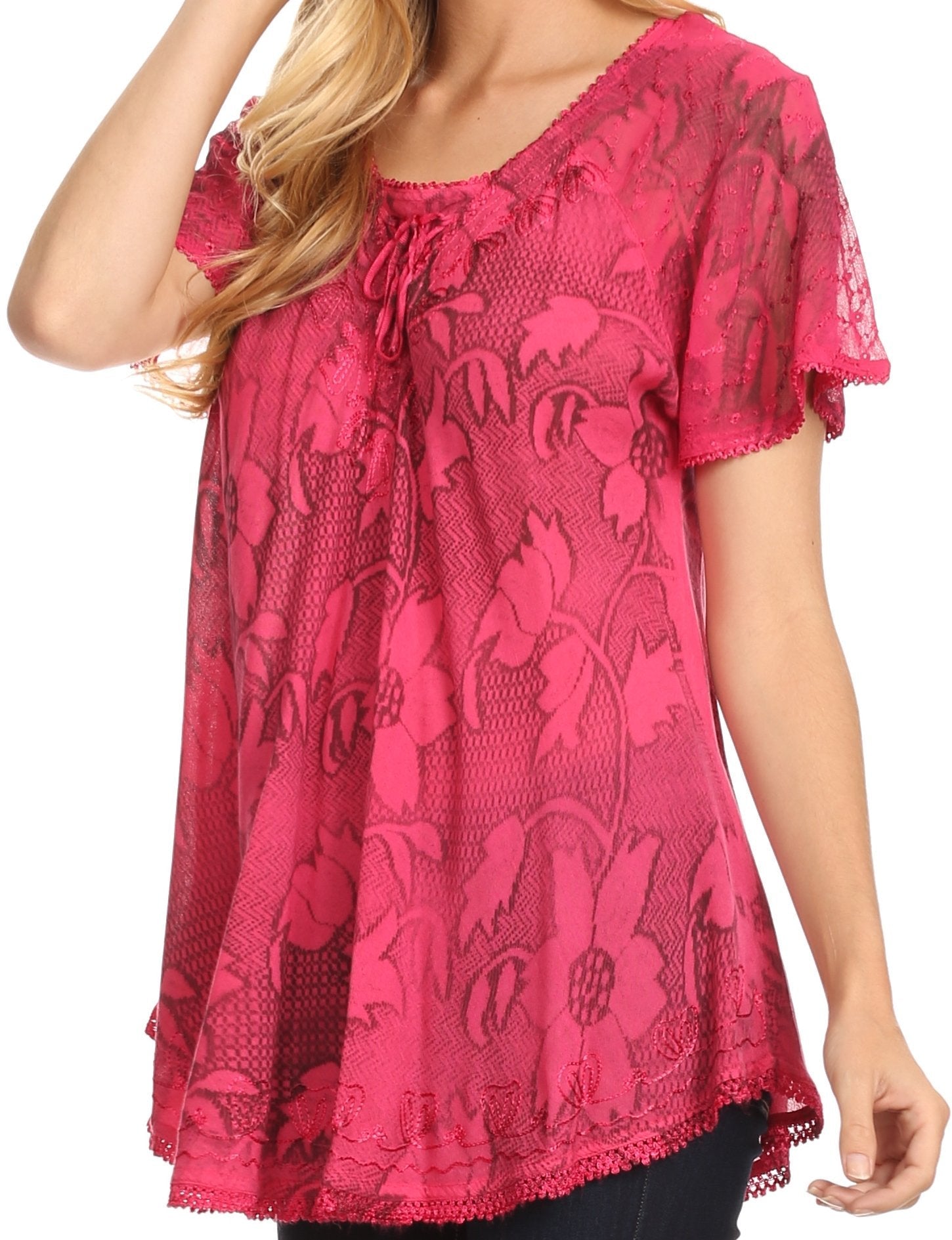 Sakkas Maliky Wide Corset Neck Floral Embroidered Cap Sleeve Blouse Top Shirt - Concordia Style Boutique