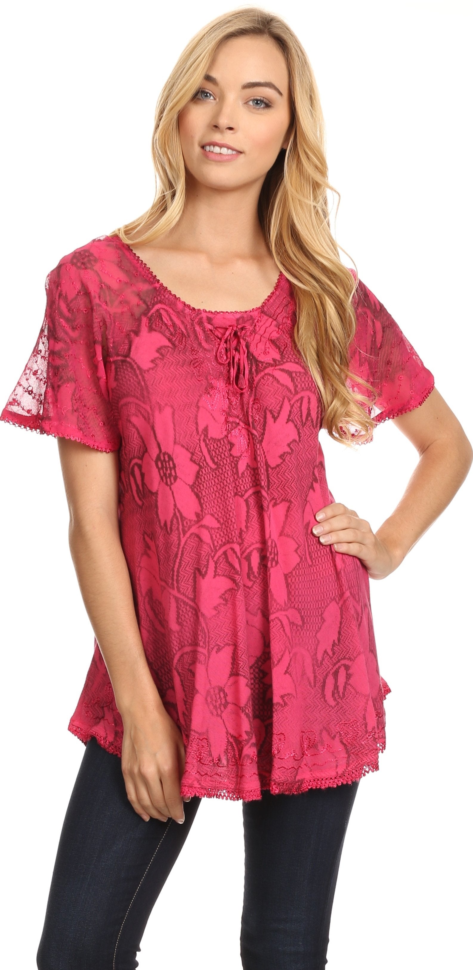 Sakkas Maliky Wide Corset Neck Floral Embroidered Cap Sleeve Blouse Top Shirt - Concordia Style Boutique