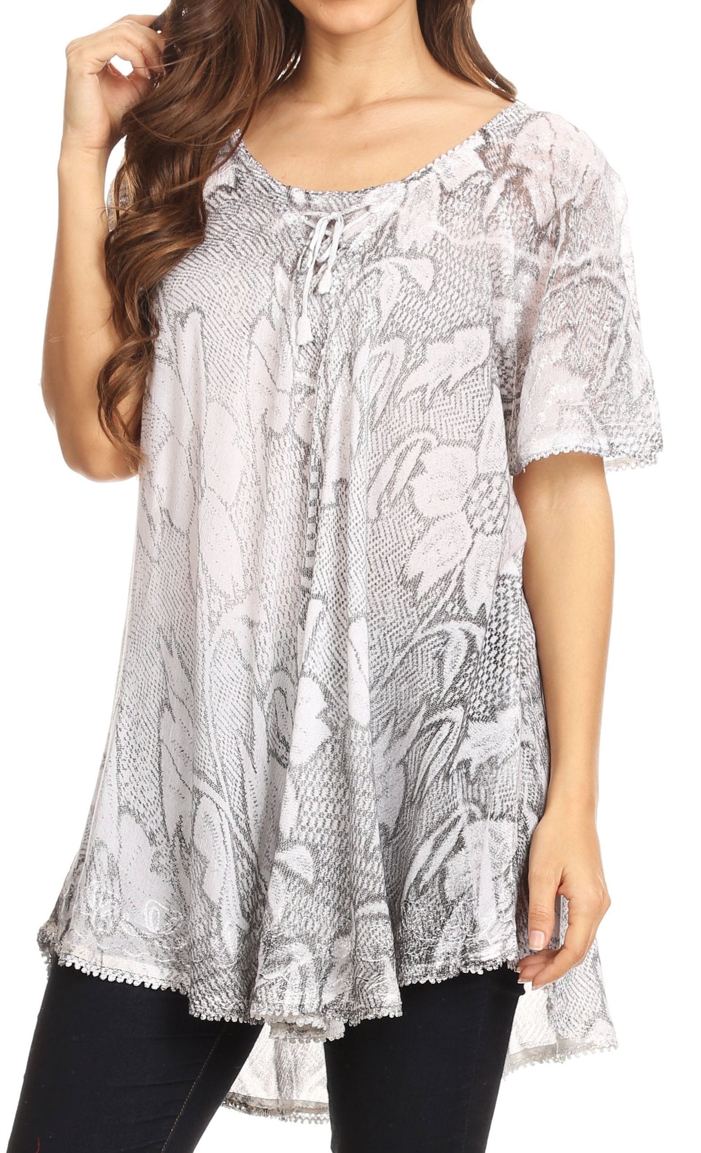 Sakkas Maliky Wide Corset Neck Floral Embroidered Cap Sleeve Blouse Top Shirt - Concordia Style Boutique