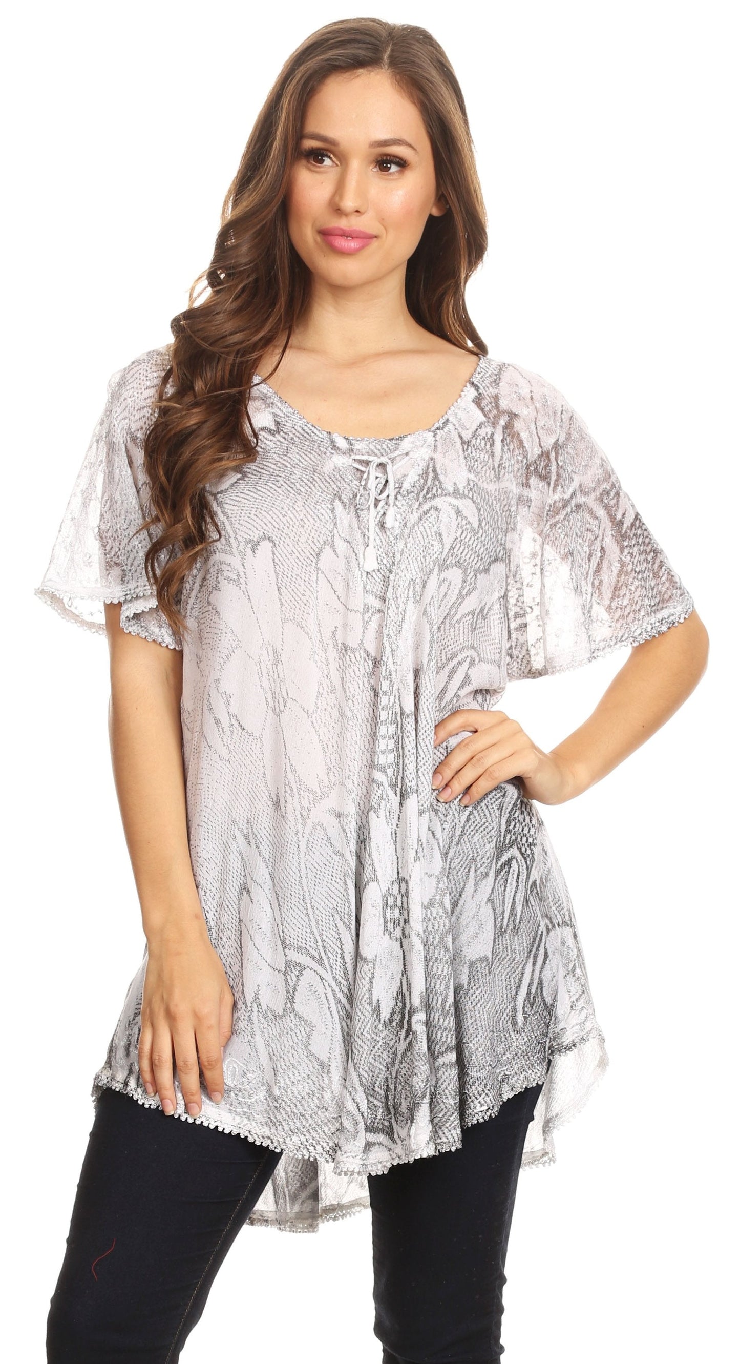 Sakkas Maliky Wide Corset Neck Floral Embroidered Cap Sleeve Blouse Top Shirt - Concordia Style Boutique