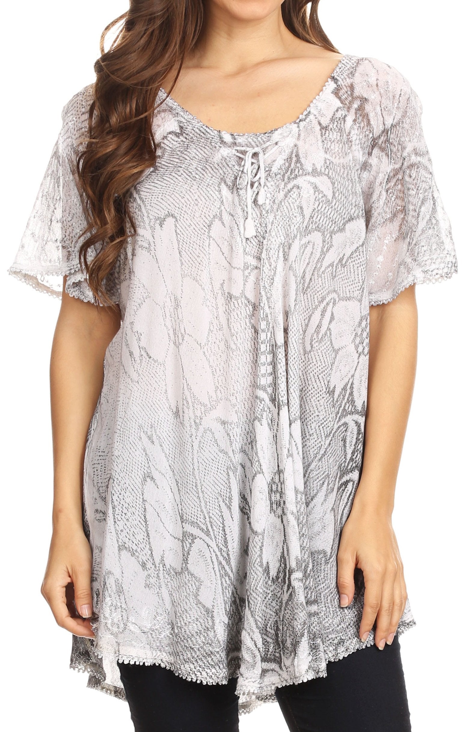 Sakkas Maliky Wide Corset Neck Floral Embroidered Cap Sleeve Blouse Top Shirt - Concordia Style Boutique