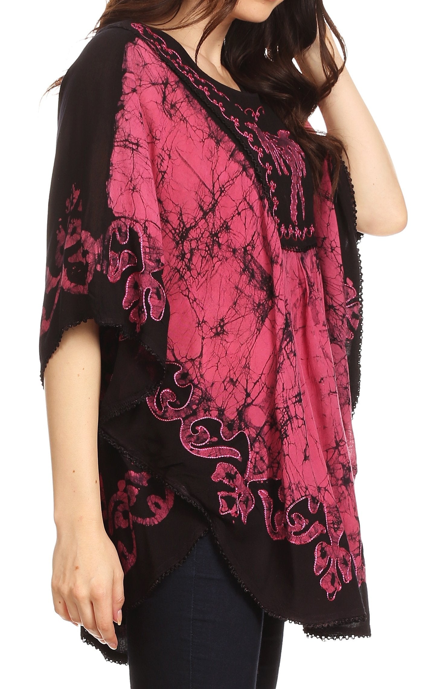 Sakkas Lynda Two Tone Batik Embroidered Palm Tree Peasant Top / Poncho - Concordia Style Boutique