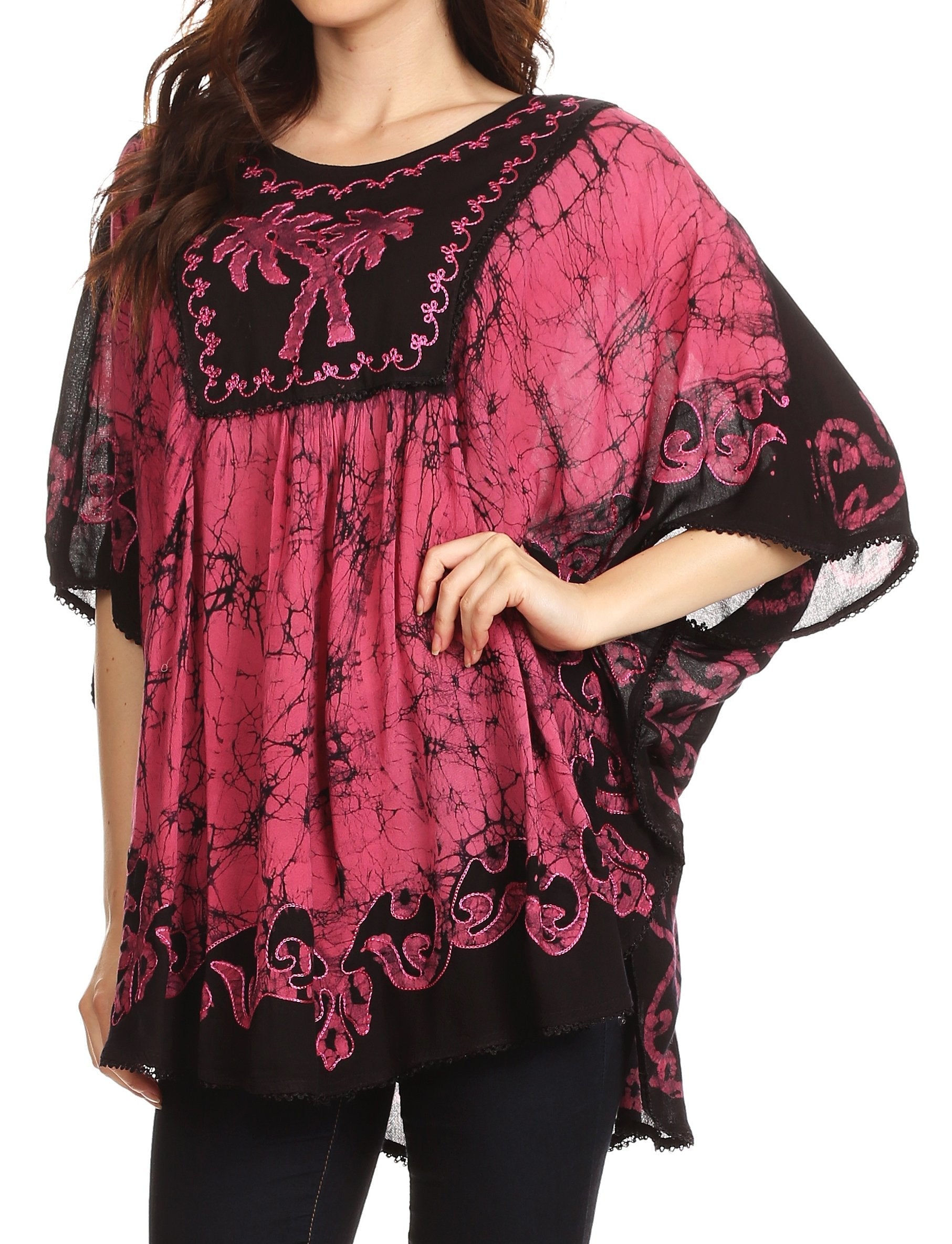 Sakkas Lynda Two Tone Batik Embroidered Palm Tree Peasant Top / Poncho - Concordia Style Boutique