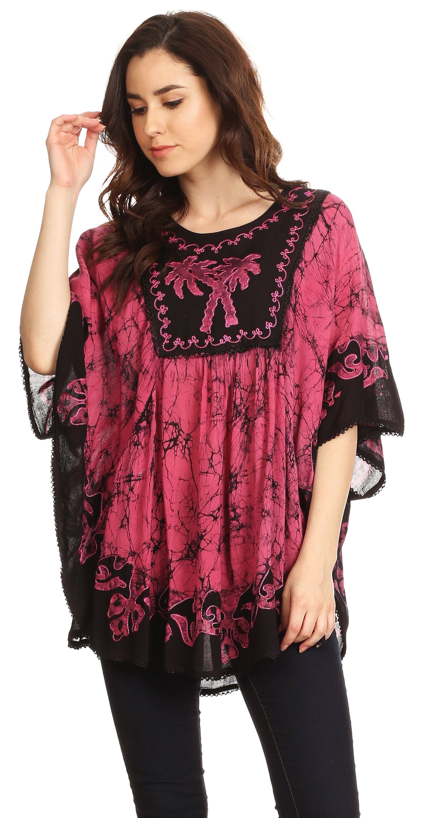 Sakkas Lynda Two Tone Batik Embroidered Palm Tree Peasant Top / Poncho - Concordia Style Boutique