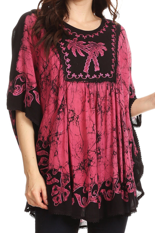 Sakkas Lynda Two Tone Batik Embroidered Palm Tree Peasant Top / Poncho - Concordia Style Boutique