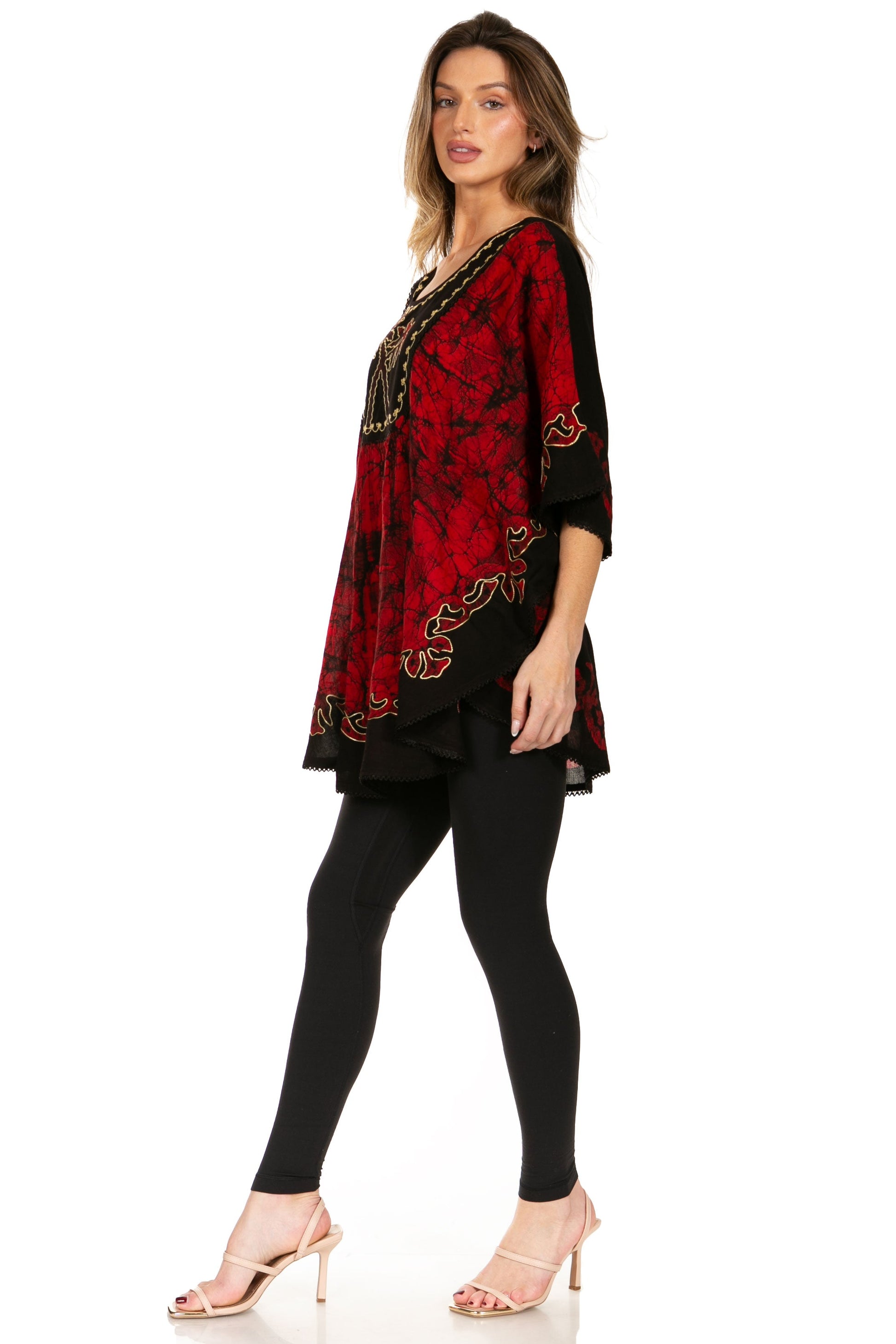 Sakkas Lynda Two Tone Batik Embroidered Palm Tree Peasant Top / Poncho - Concordia Style Boutique