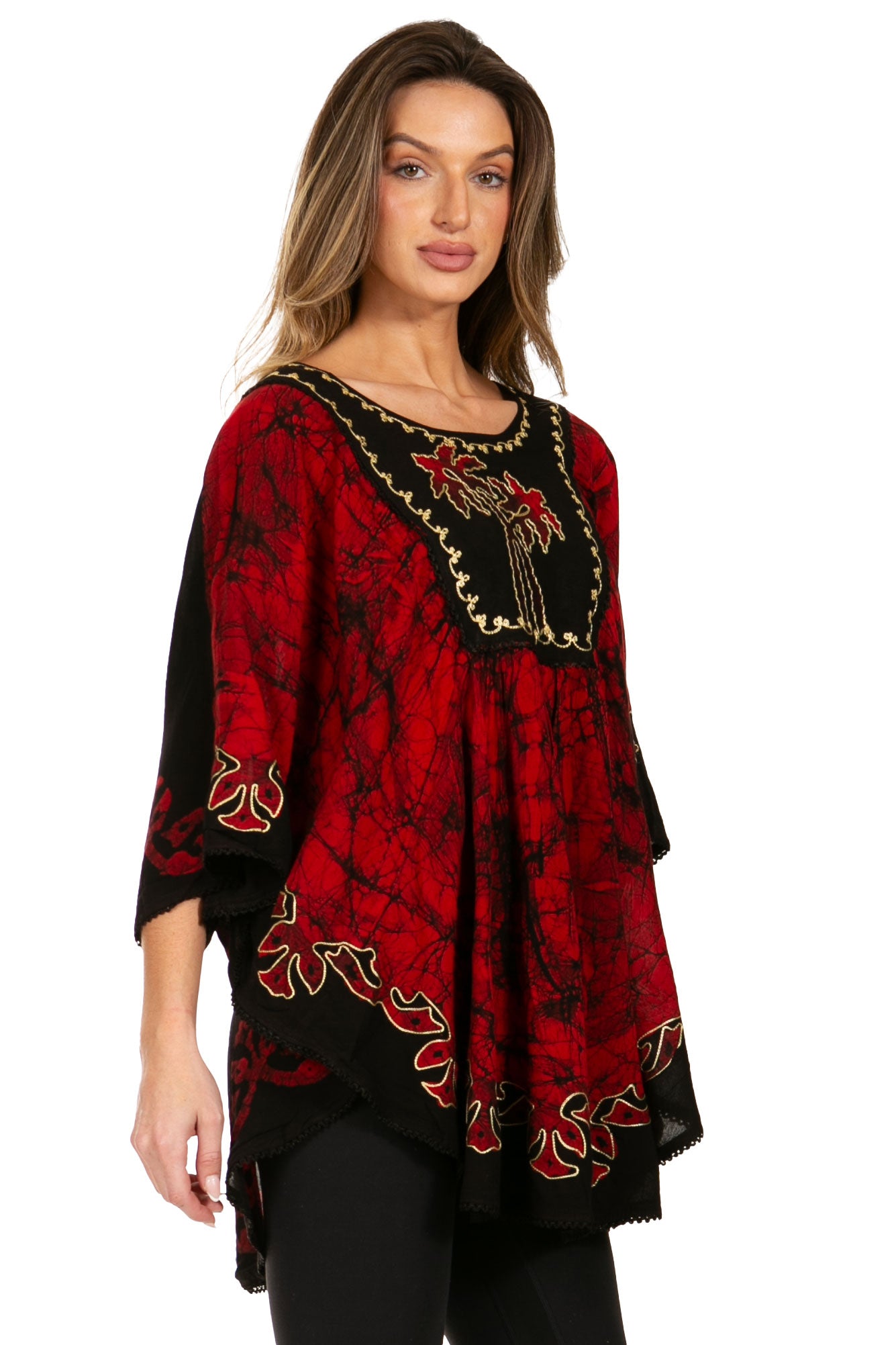 Sakkas Lynda Two Tone Batik Embroidered Palm Tree Peasant Top / Poncho - Concordia Style Boutique