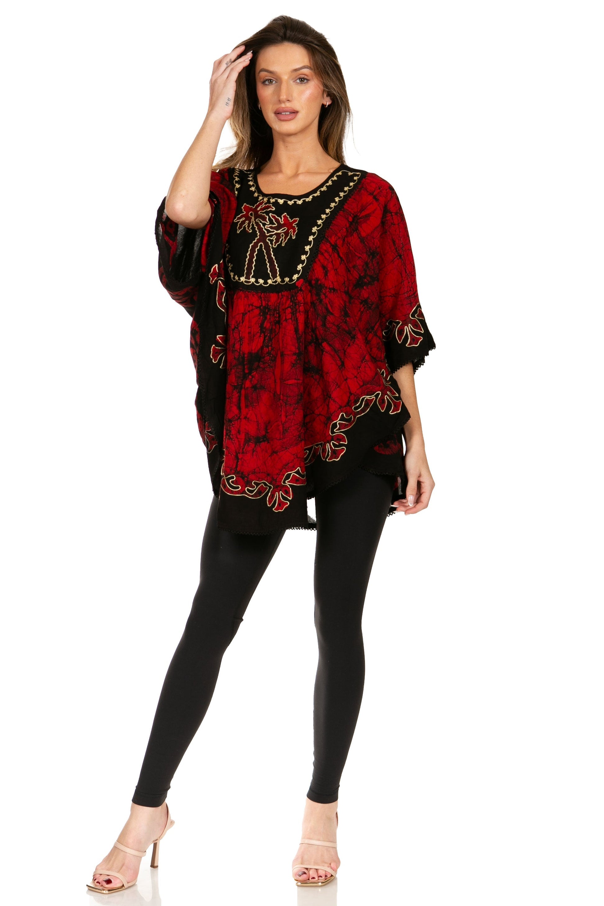Sakkas Lynda Two Tone Batik Embroidered Palm Tree Peasant Top / Poncho - Concordia Style Boutique