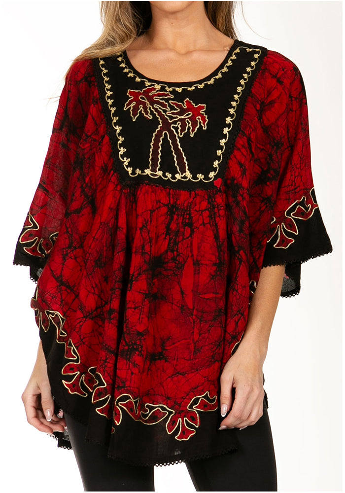 Sakkas Lynda Two Tone Batik Embroidered Palm Tree Peasant Top / Poncho - Concordia Style Boutique