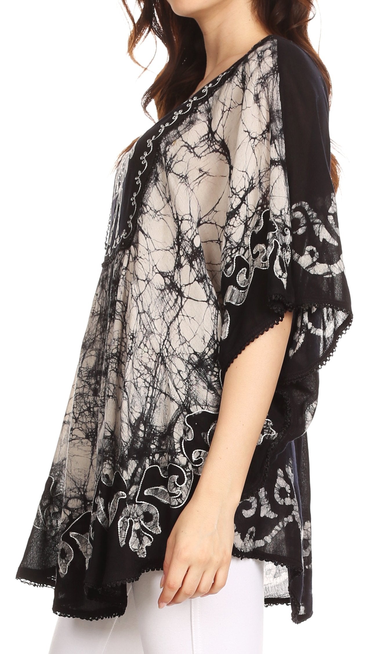 Sakkas Lynda Two Tone Batik Embroidered Palm Tree Peasant Top / Poncho - Concordia Style Boutique