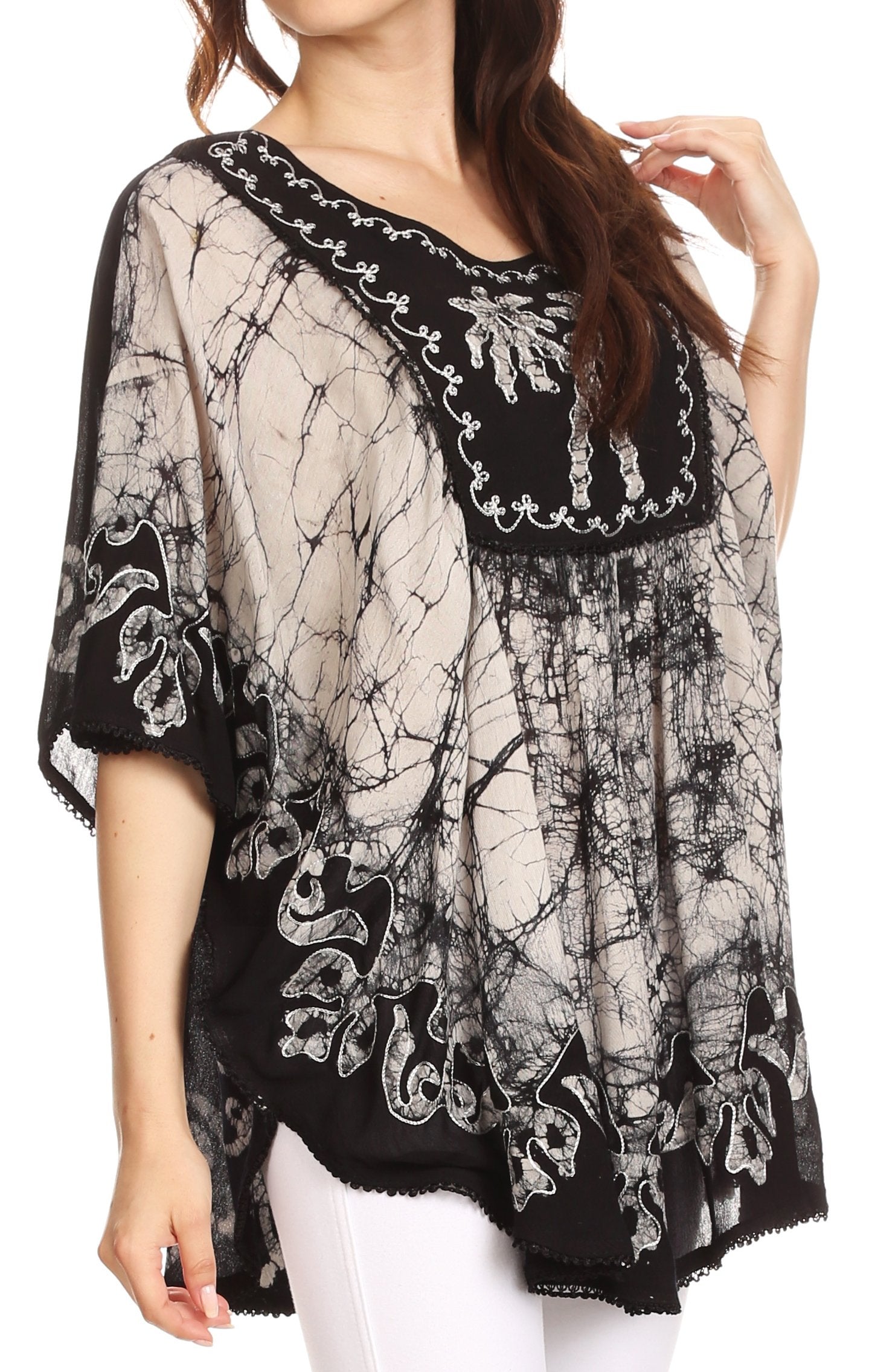 Sakkas Lynda Two Tone Batik Embroidered Palm Tree Peasant Top / Poncho - Concordia Style Boutique