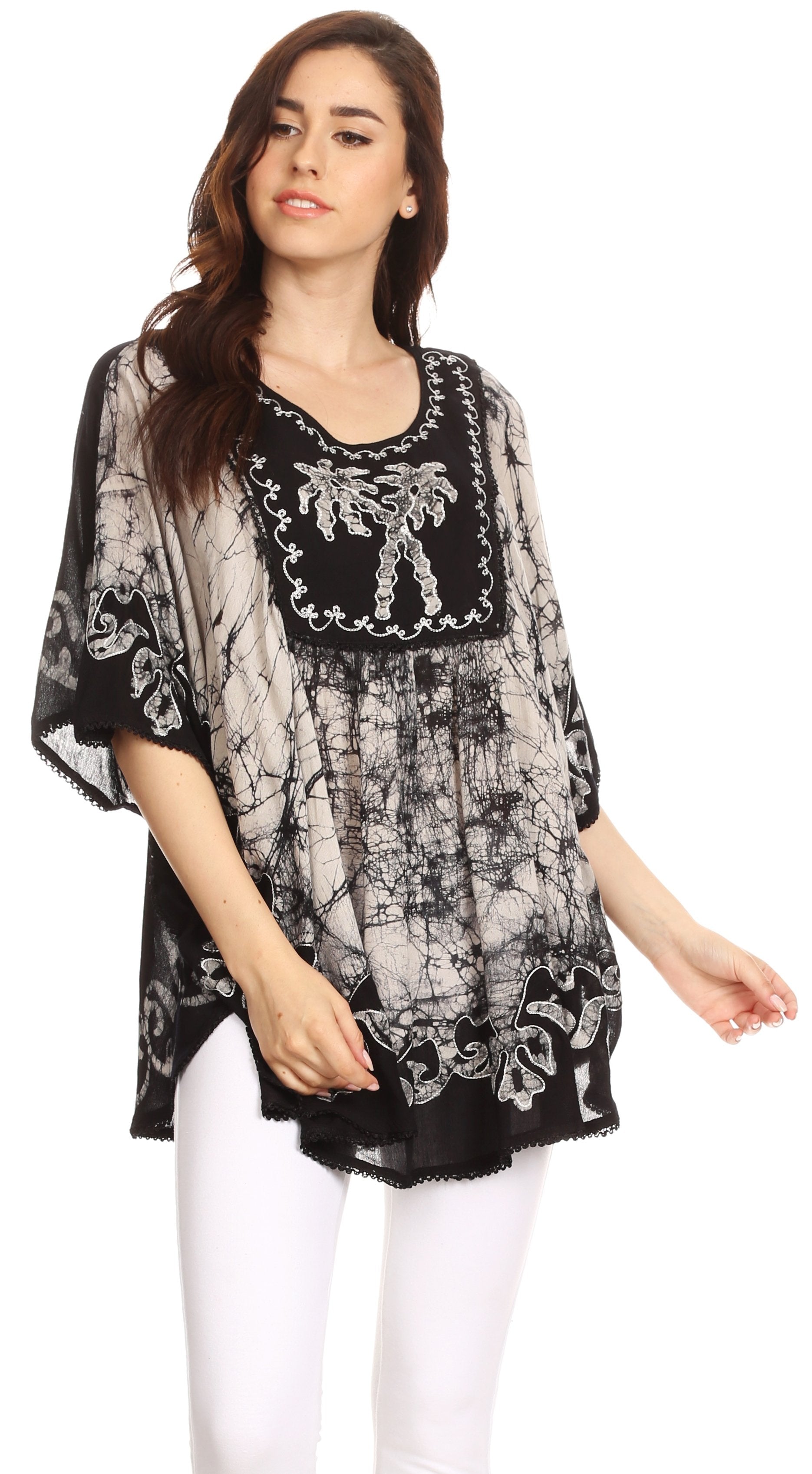 Sakkas Lynda Two Tone Batik Embroidered Palm Tree Peasant Top / Poncho - Concordia Style Boutique