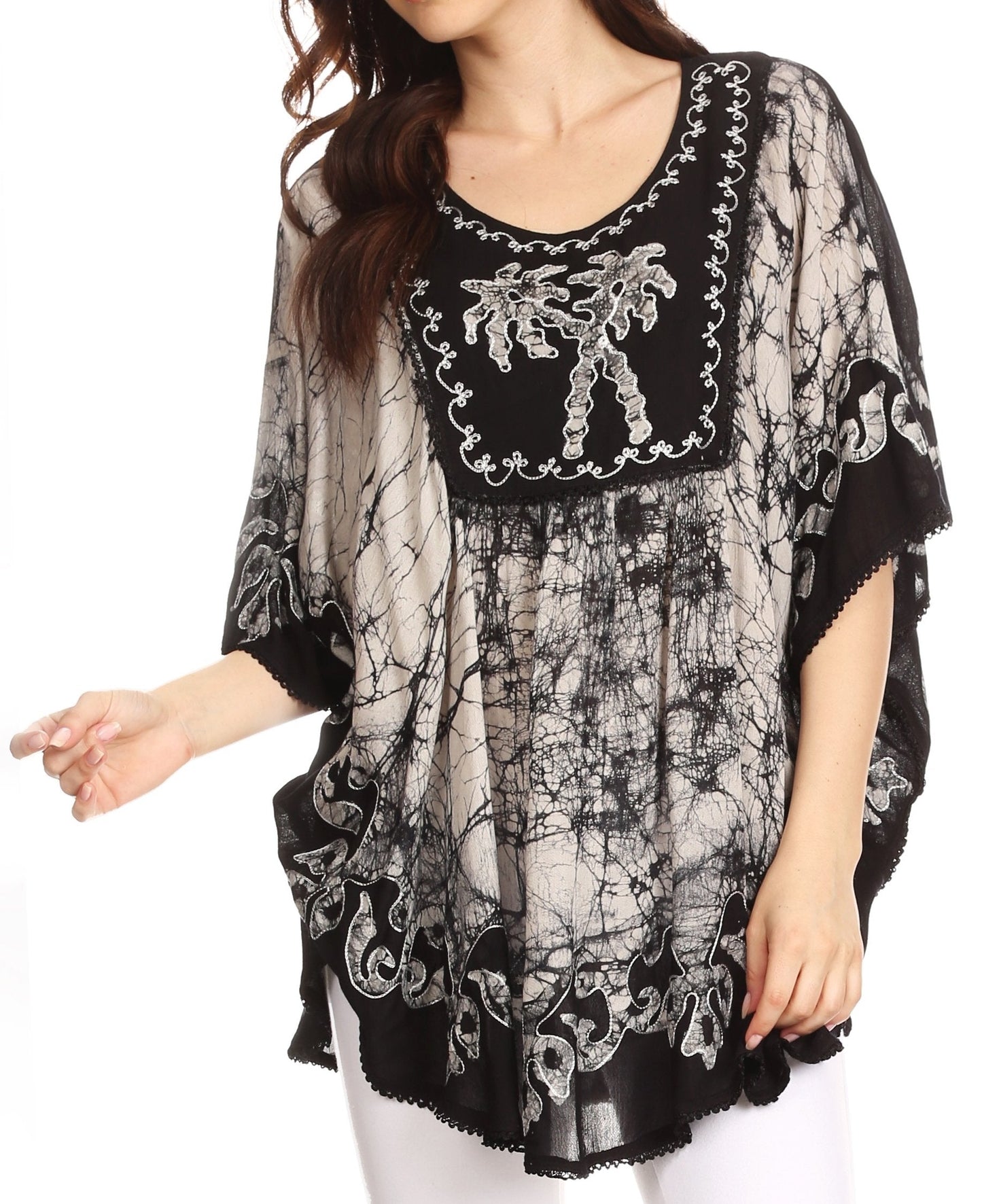 Sakkas Lynda Two Tone Batik Embroidered Palm Tree Peasant Top / Poncho - Concordia Style Boutique
