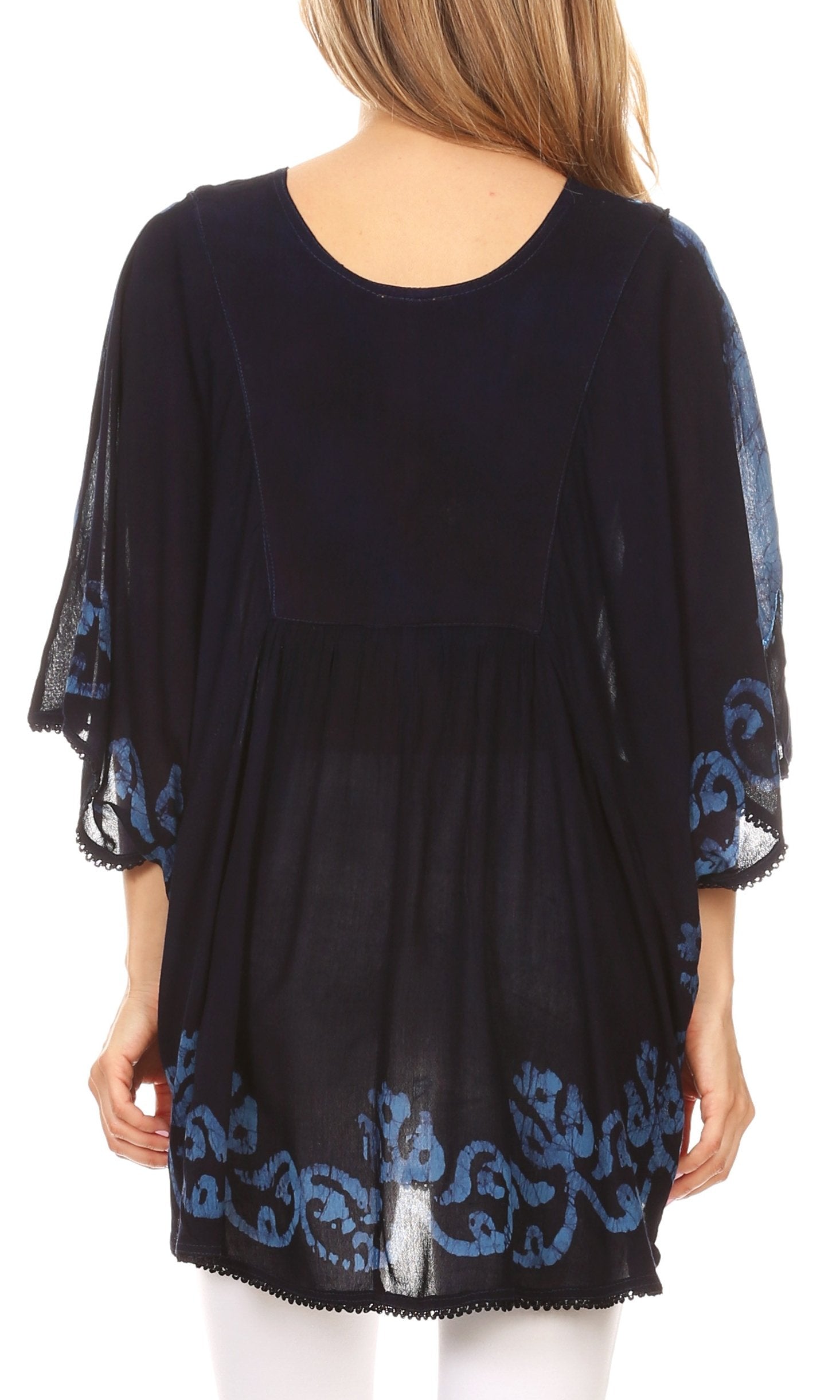 Sakkas Lynda Two Tone Batik Embroidered Palm Tree Peasant Top / Poncho - Concordia Style Boutique