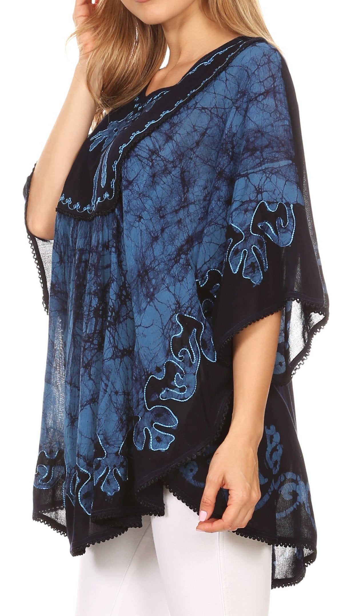 Sakkas Lynda Two Tone Batik Embroidered Palm Tree Peasant Top / Poncho - Concordia Style Boutique
