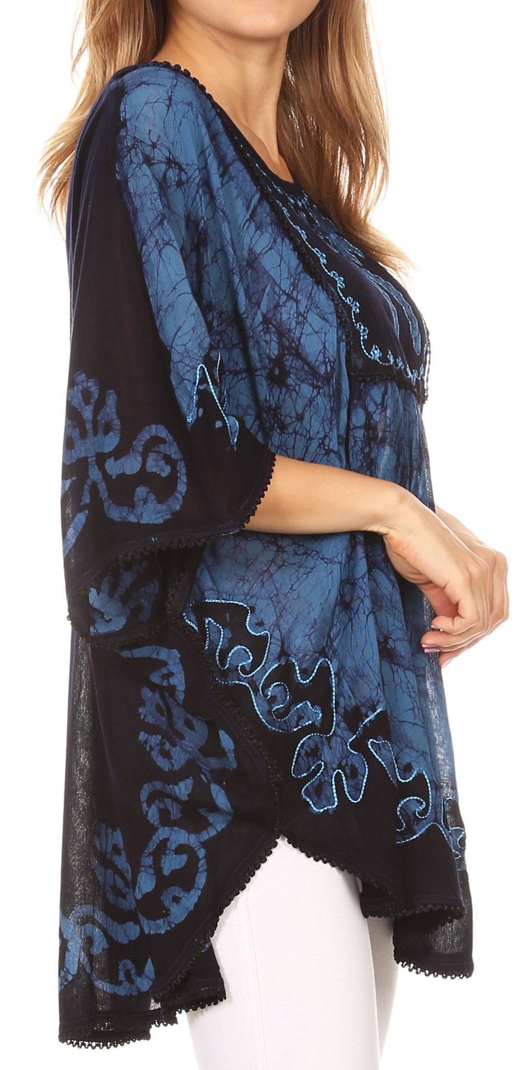 Sakkas Lynda Two Tone Batik Embroidered Palm Tree Peasant Top / Poncho - Concordia Style Boutique