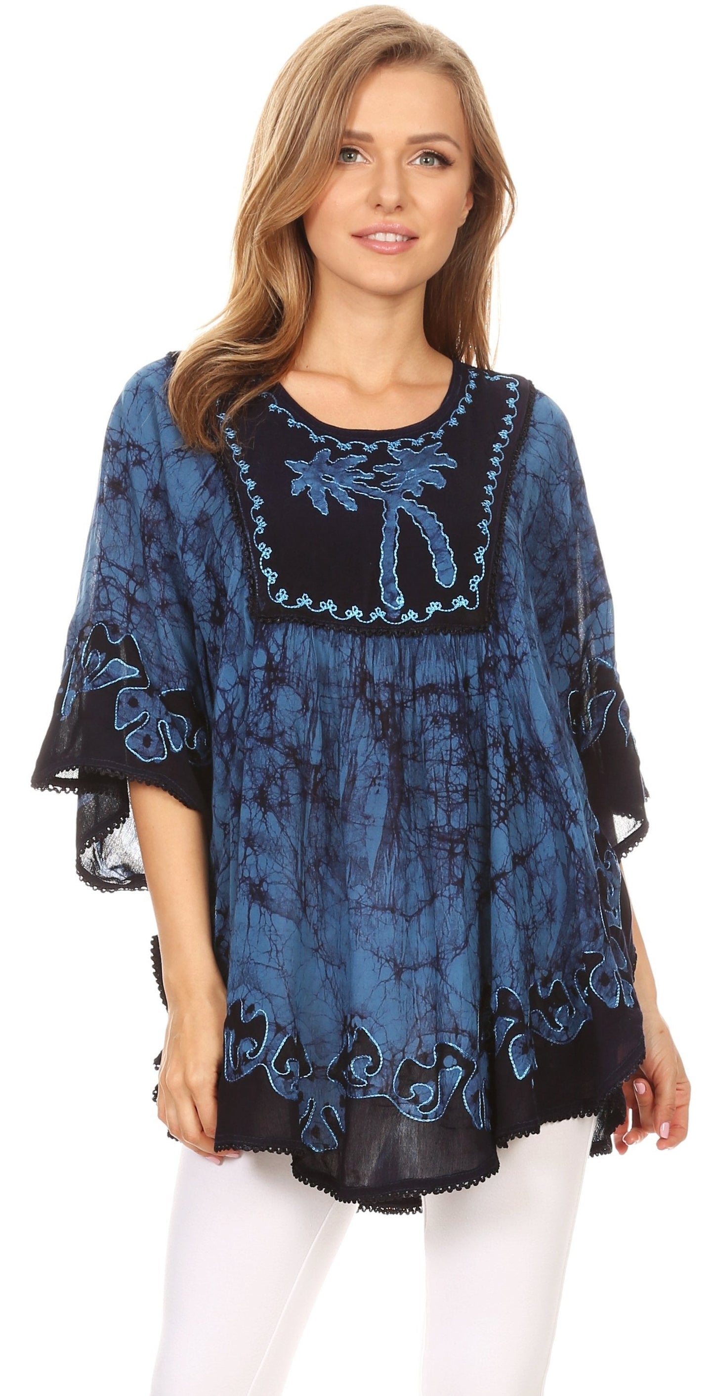 Sakkas Lynda Two Tone Batik Embroidered Palm Tree Peasant Top / Poncho - Concordia Style Boutique