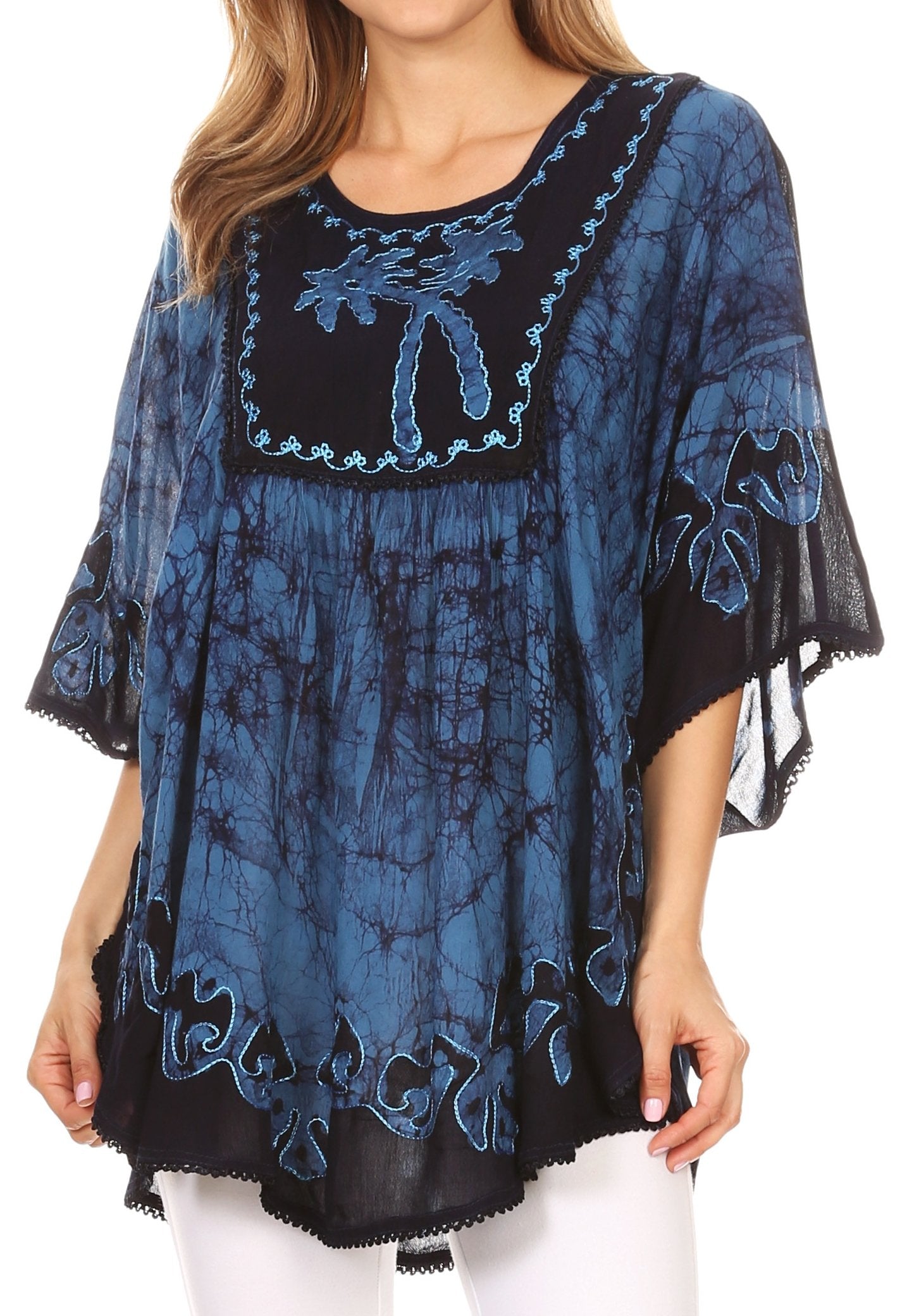 Sakkas Lynda Two Tone Batik Embroidered Palm Tree Peasant Top / Poncho - Concordia Style Boutique