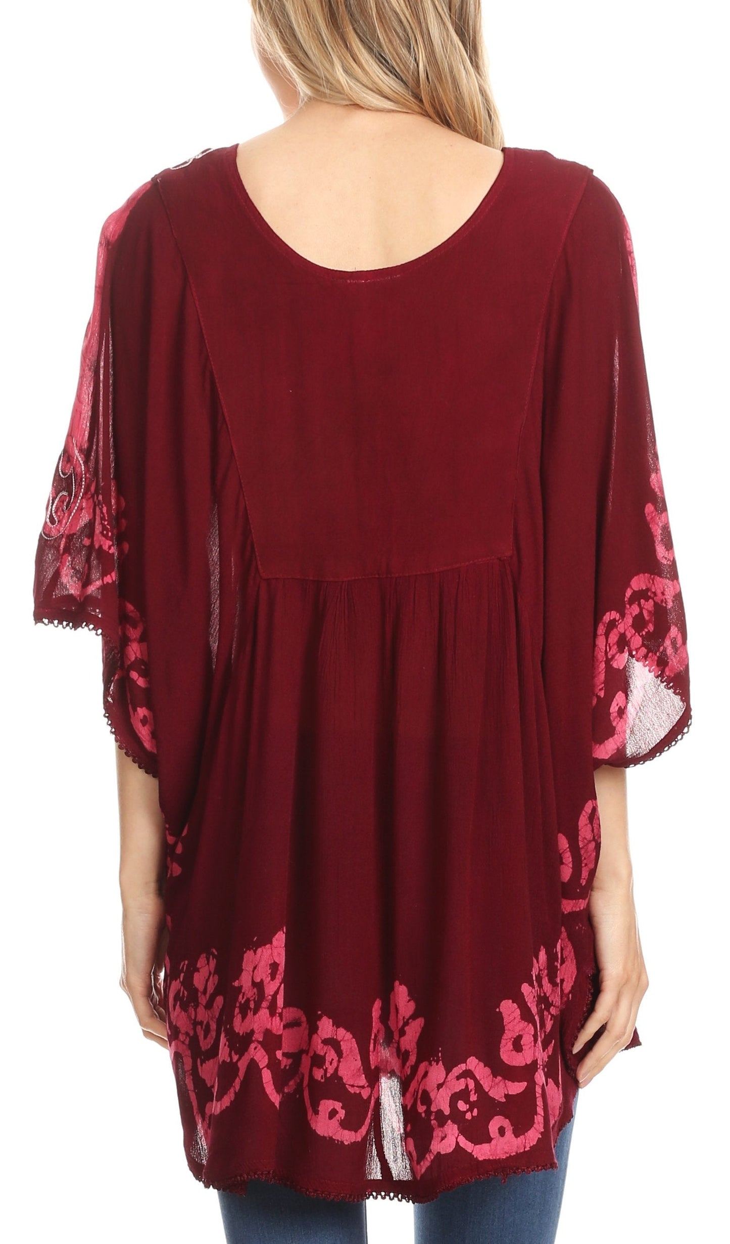 Sakkas Lynda Two Tone Batik Embroidered Palm Tree Peasant Top / Poncho - Concordia Style Boutique