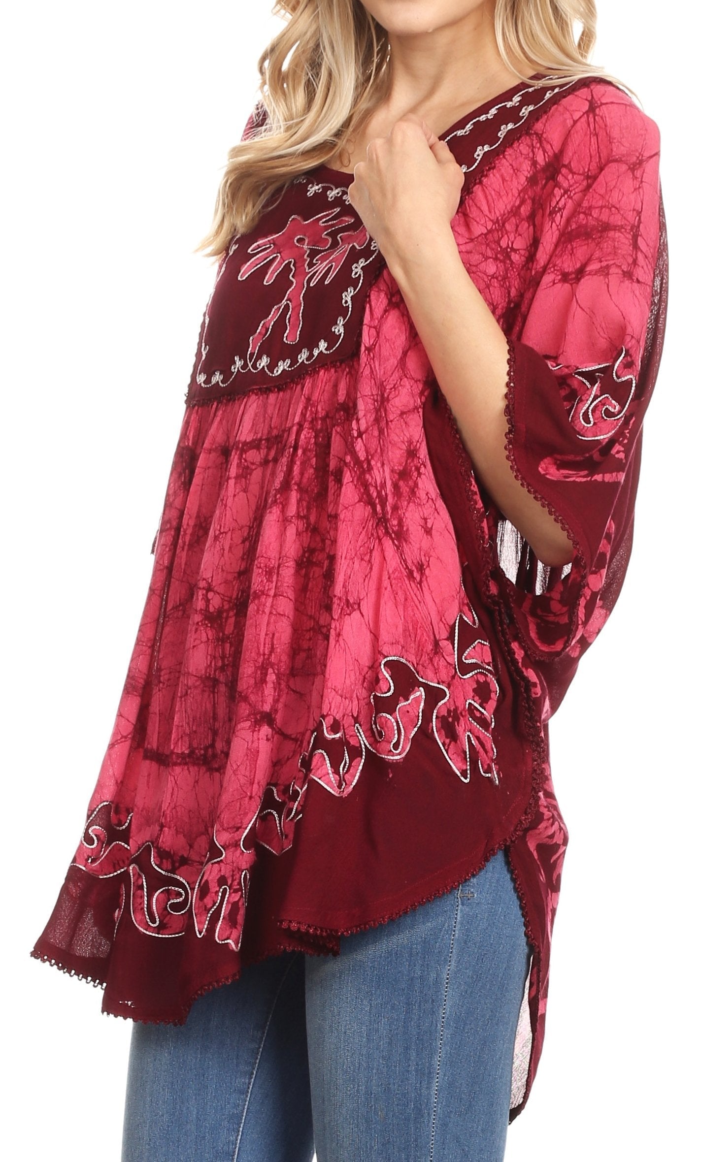Sakkas Lynda Two Tone Batik Embroidered Palm Tree Peasant Top / Poncho - Concordia Style Boutique