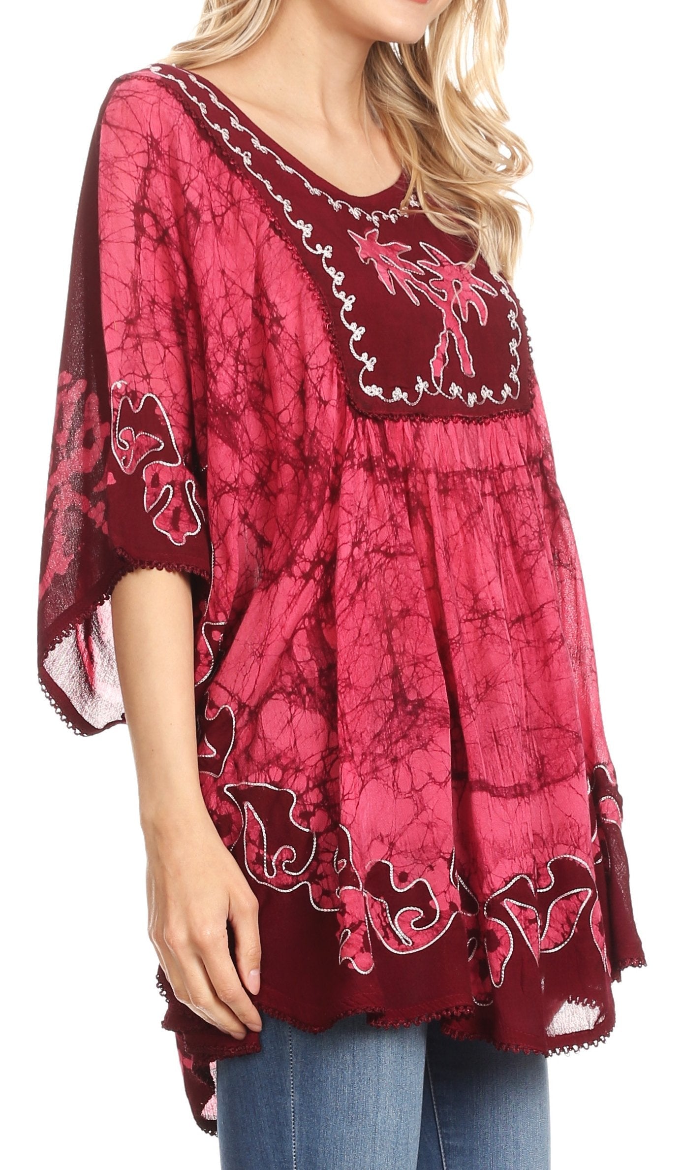 Sakkas Lynda Two Tone Batik Embroidered Palm Tree Peasant Top / Poncho - Concordia Style Boutique