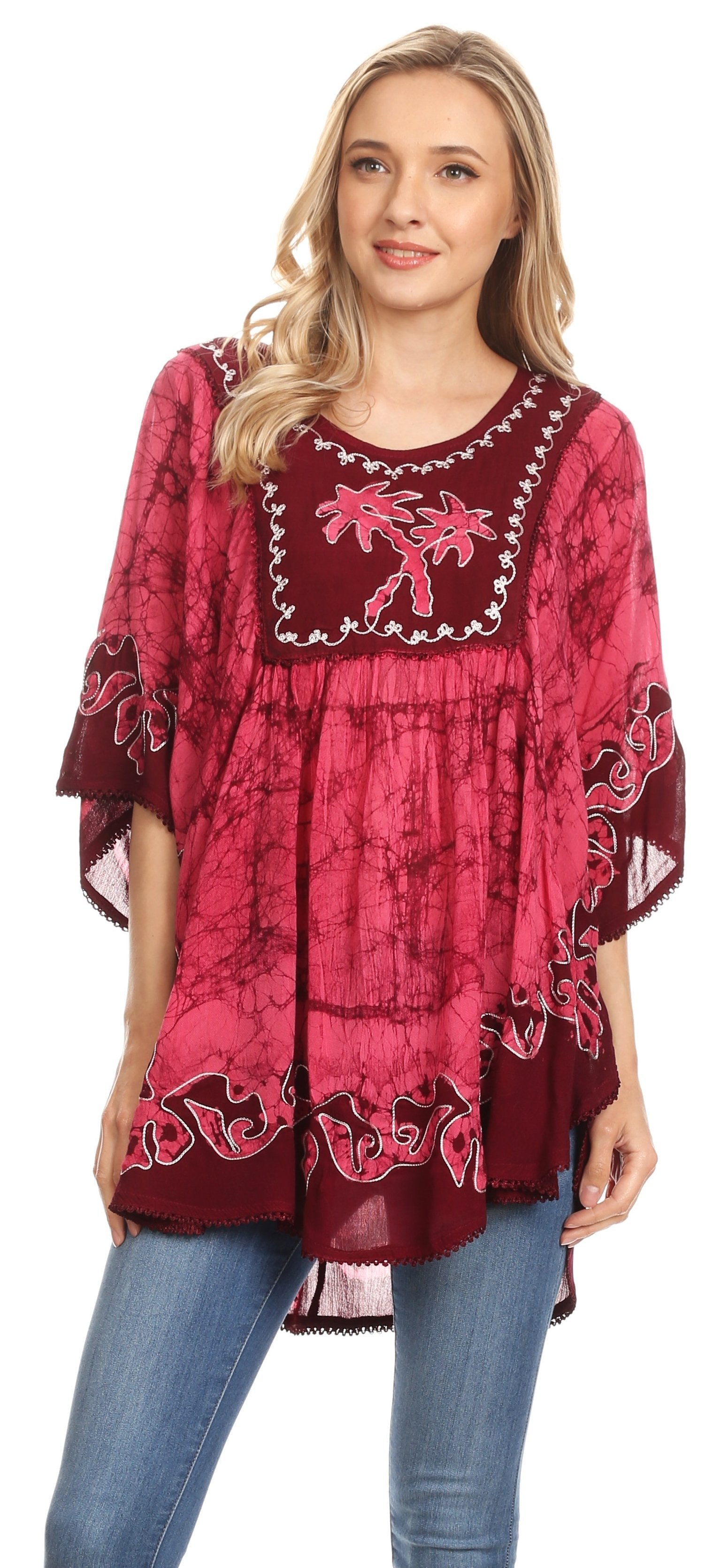 Sakkas Lynda Two Tone Batik Embroidered Palm Tree Peasant Top / Poncho - Concordia Style Boutique
