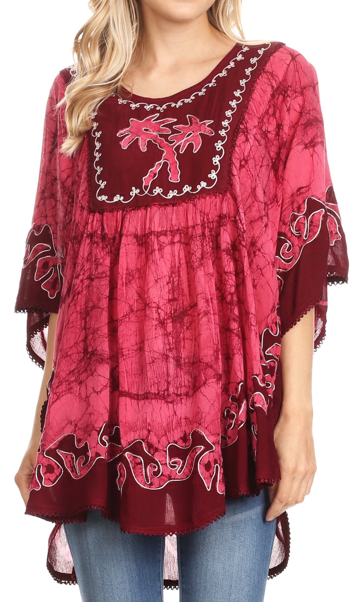 Sakkas Lynda Two Tone Batik Embroidered Palm Tree Peasant Top / Poncho - Concordia Style Boutique