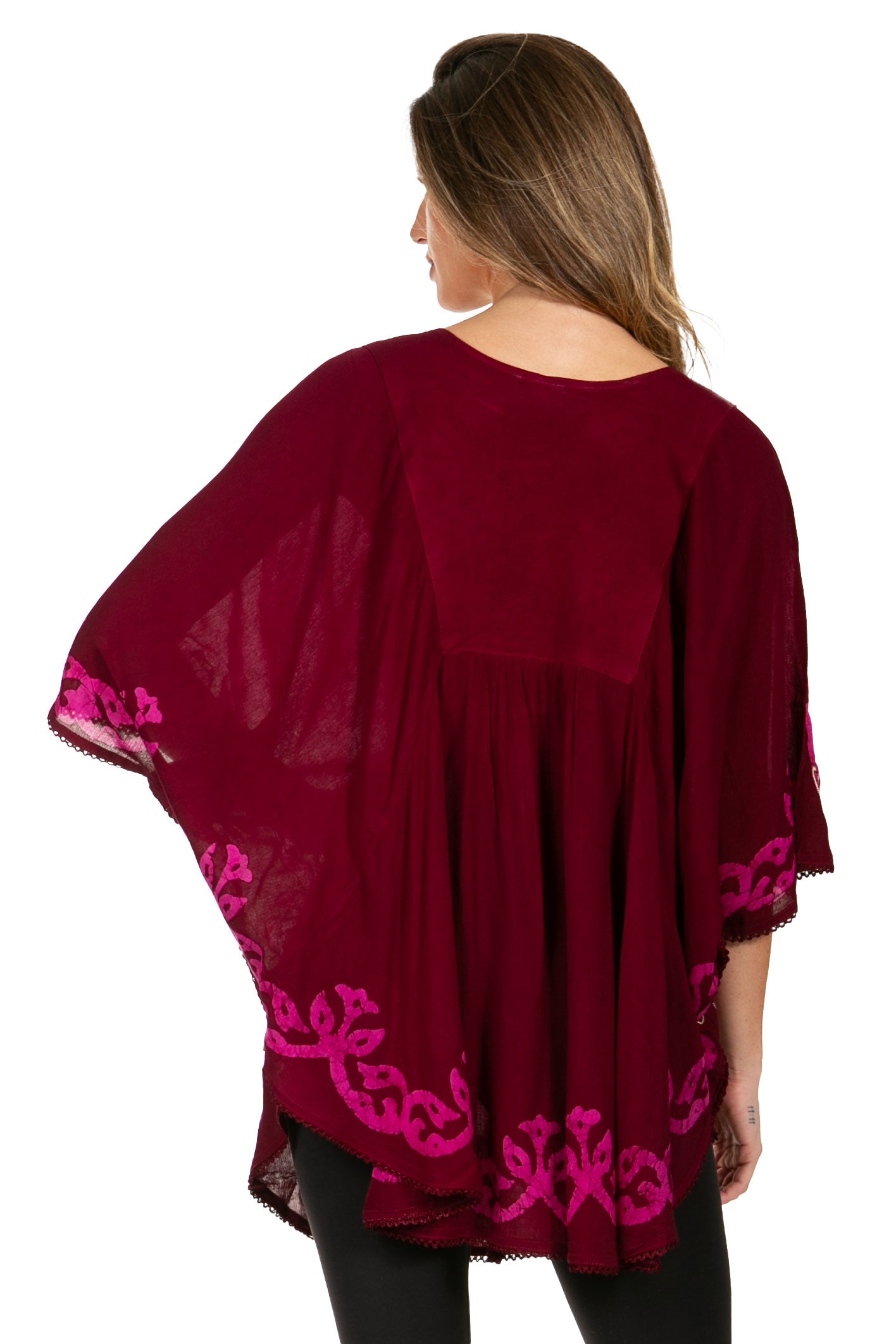 Sakkas Lynda Two Tone Batik Embroidered Palm Tree Peasant Top / Poncho - Concordia Style Boutique